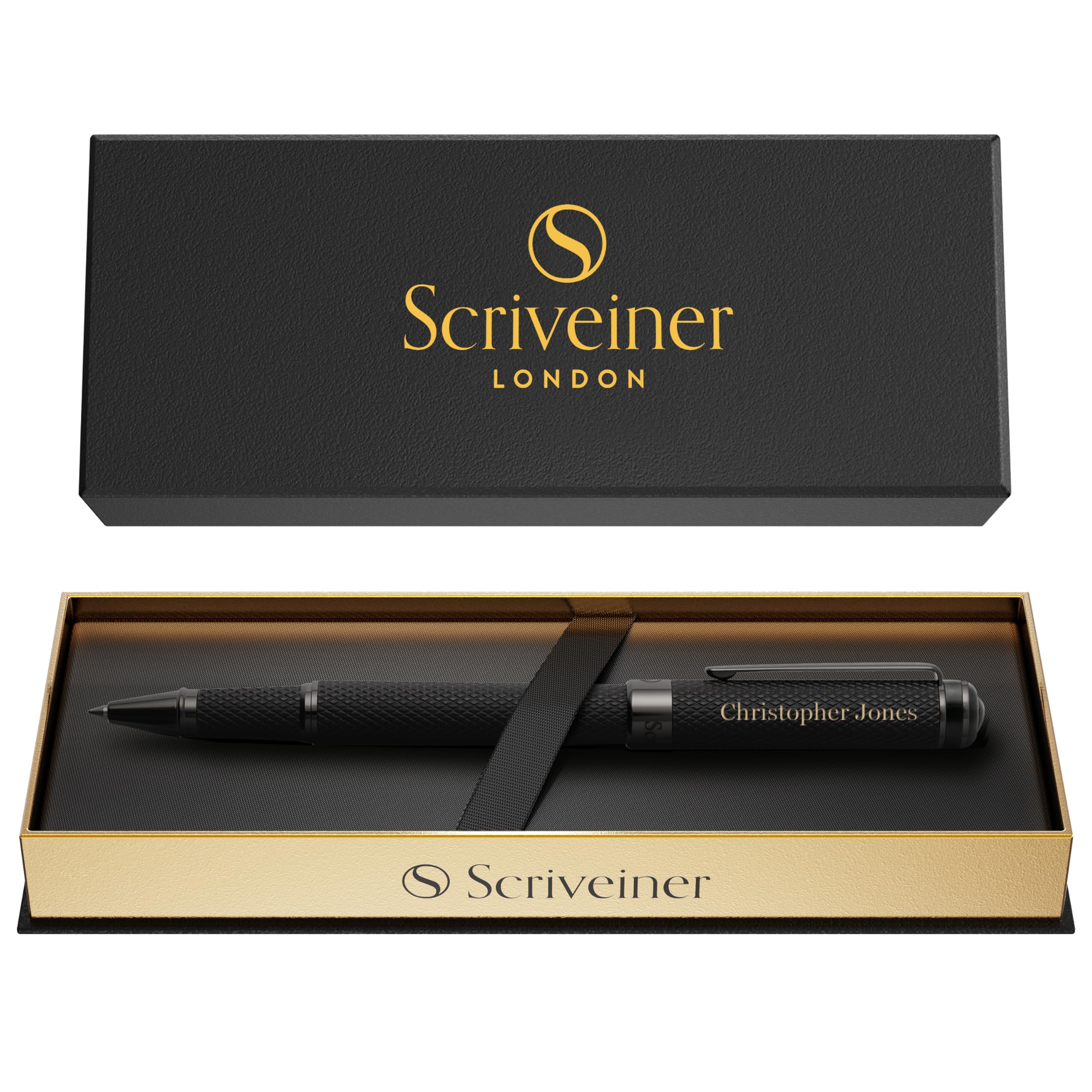 Scriveiner All Black Rollerball Pen - Stunning Luxury All Metal Matt Black Rollerball, Schmidt Refill, Quality Executive Writing Pen for the Office, Custom Name Engraving