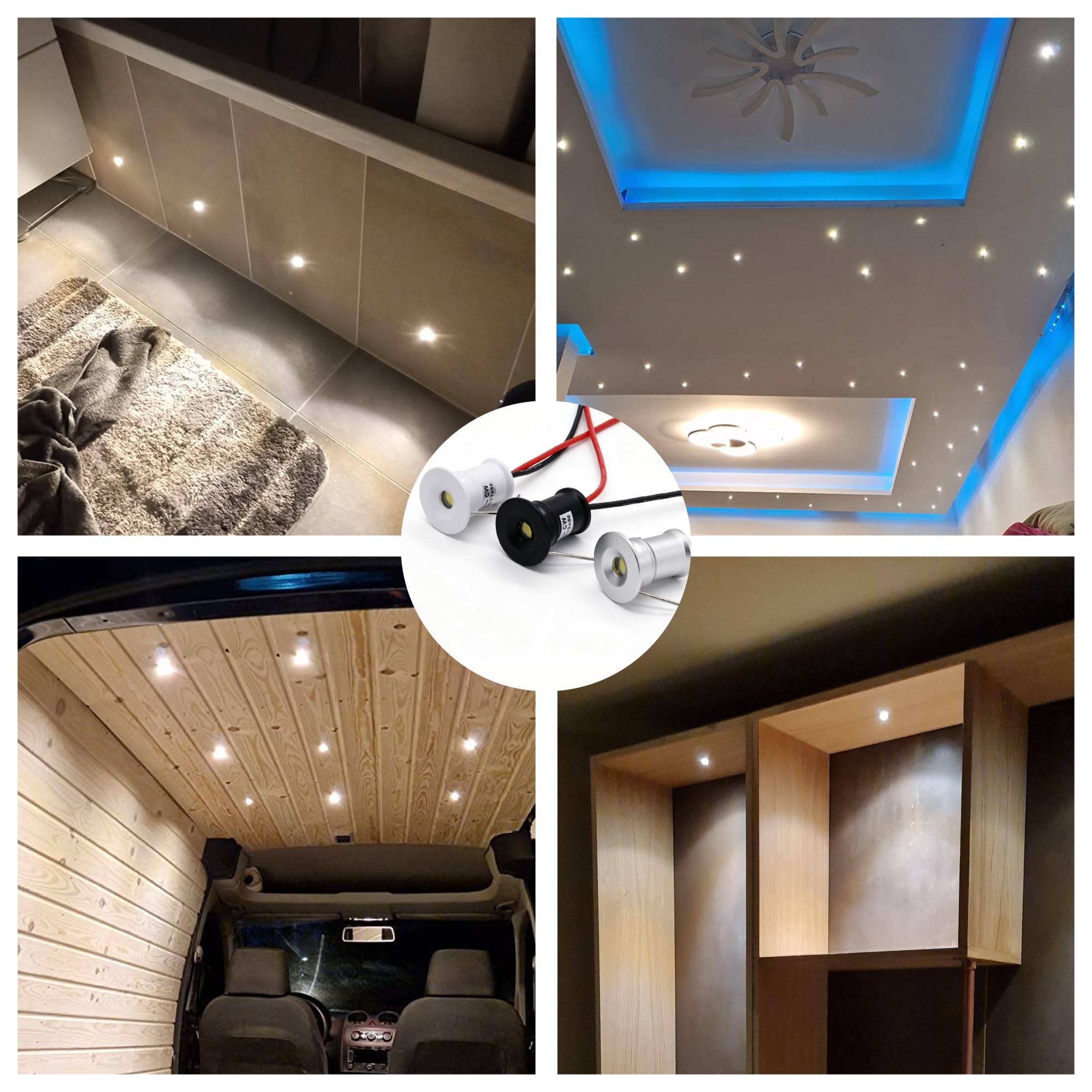 Mini Foco Led Empotrabl 12V 1W IP65 Ø15mm 18uds Frío Negro 120° | Diámetro Del Agujero Ø15-18mm, Mini Led Downlight Spot, para Vitrinas Muebles Escaparate Balda Niche Pladur Cocina Techo