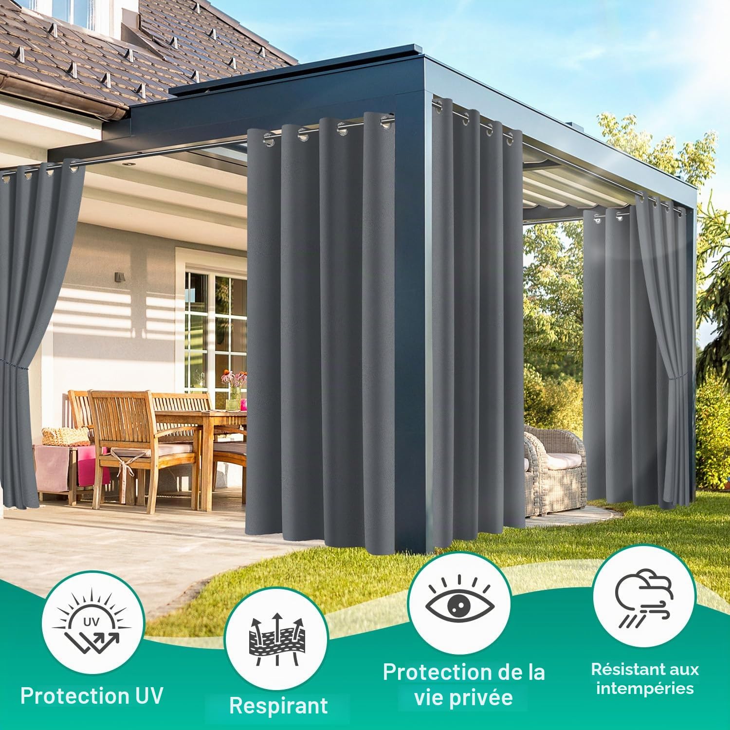Lot de 2 rideaux d'extérieur opaques et imperméables avec œillets - 213 x 254 cm (H x l) - Résistant aux intempéries - Brise-vue - Protection solaire - Pour jardin, terrasse, balcon, pavillon