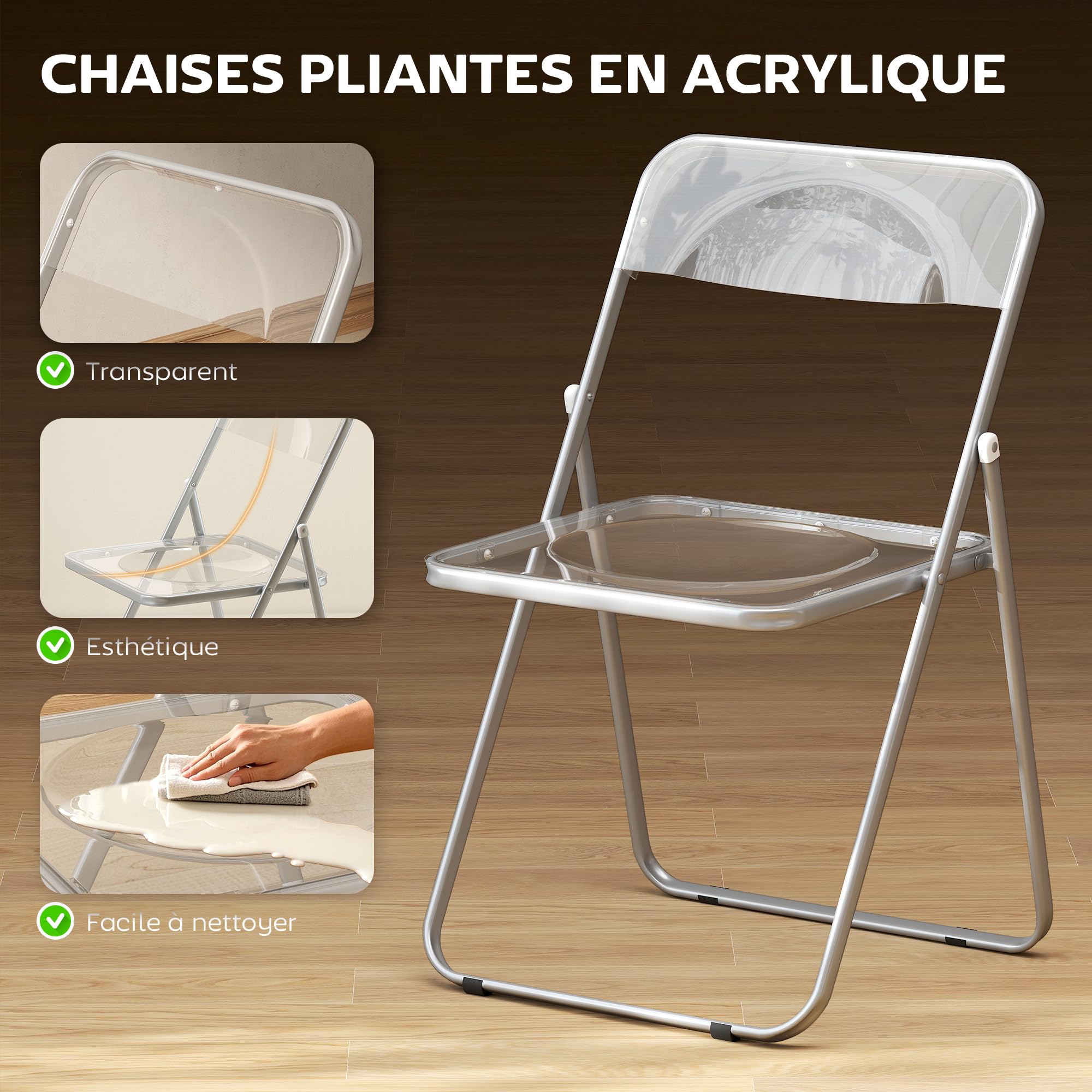 HOMCOM Lot de 4 chaises Pliantes en Acrylique et Acier, chaises Pliantes intérieures Portables pour Maison, Bureau, Salle à Manger, 47 x 48 x 75 cm, Transparentes