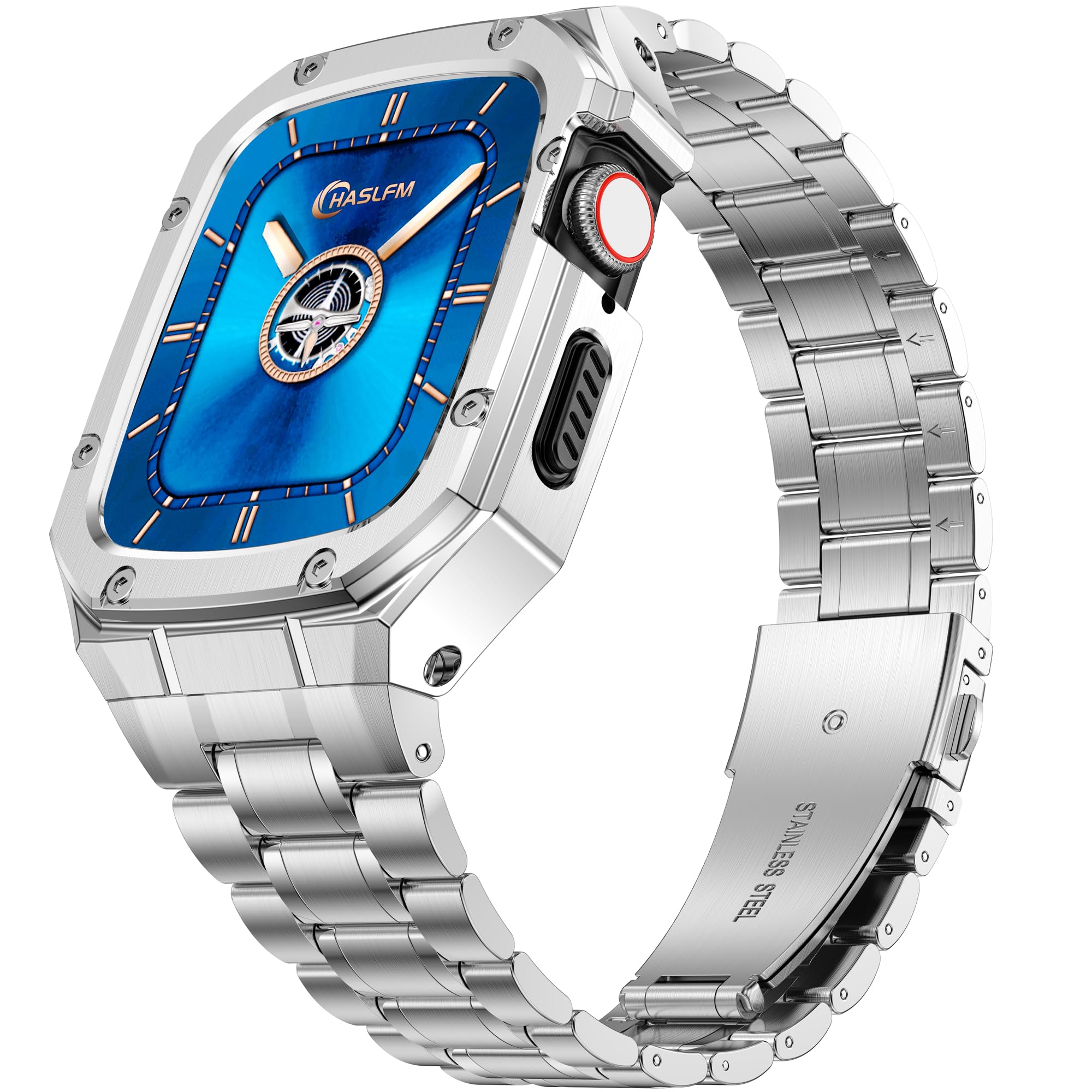HASLFM Stainless Steel Watch Band and Case Compatible with Apple Watch Series 9/8/7(45mm),Adjustable Metal Strap and Rugged Protector Cover for iWatch