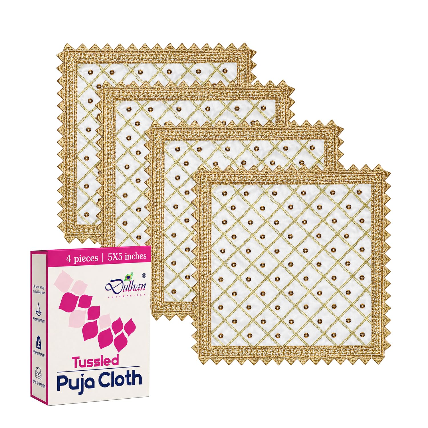 (5 x 5 Inch) Small Embroidered White Silk Puja Cloth for Ganpati ji | Zari Design Pooja Chowki Assan Kapda for Home Mandir, Temple Shelf, Puja Shelf and Mandir Kapda Baithak Mat - Pack of 4-image-14