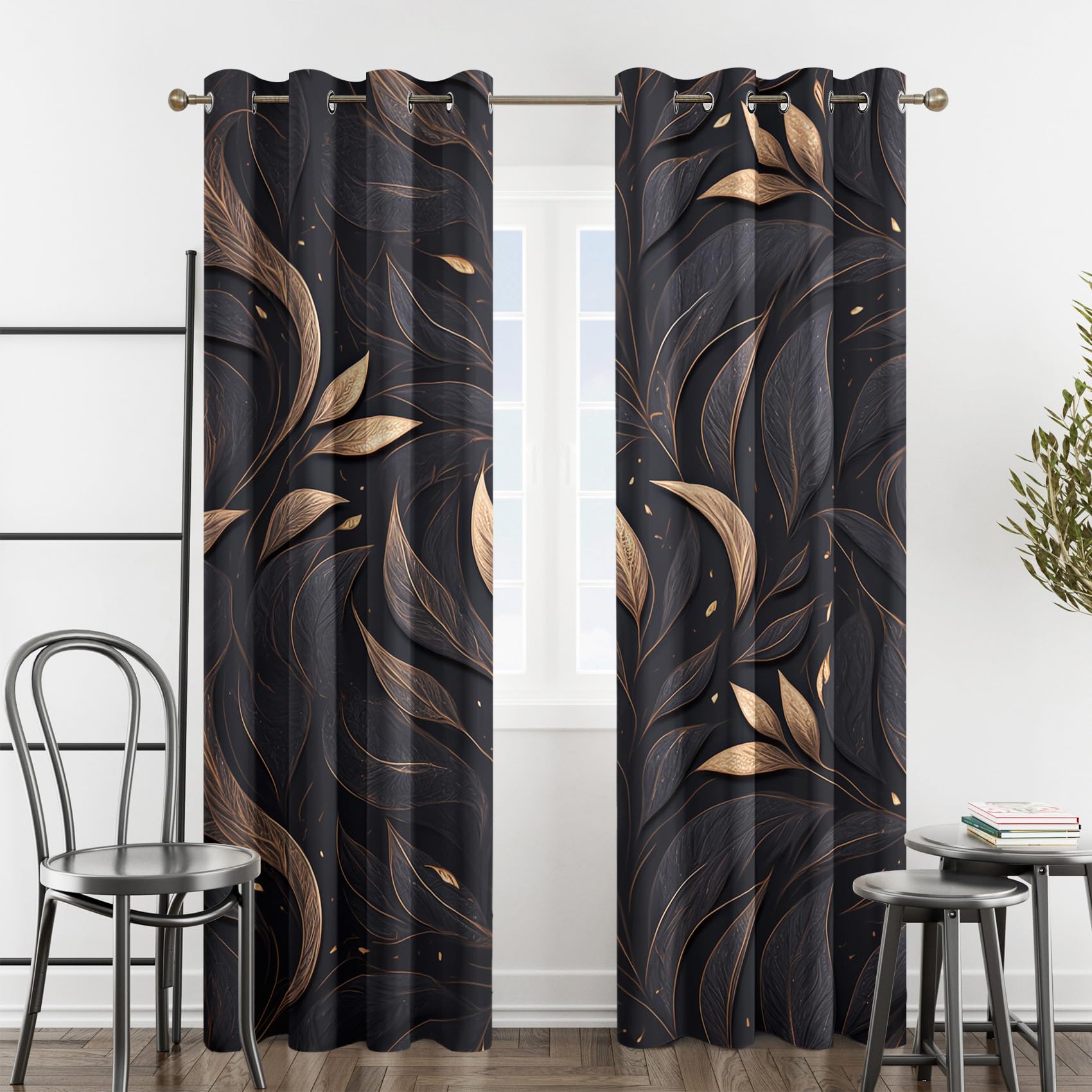 Gold Schwarze Blätter Vorhänge, Luxuriöses Metallic Verdunklungsvorhänge mit Ösen, Vorhang Blickdicht für Wohnzimmer Schlafzimmer Dekoration, Gardinen mit Muster, 2er Set, 137 x 117 cm (HöhexBreite)