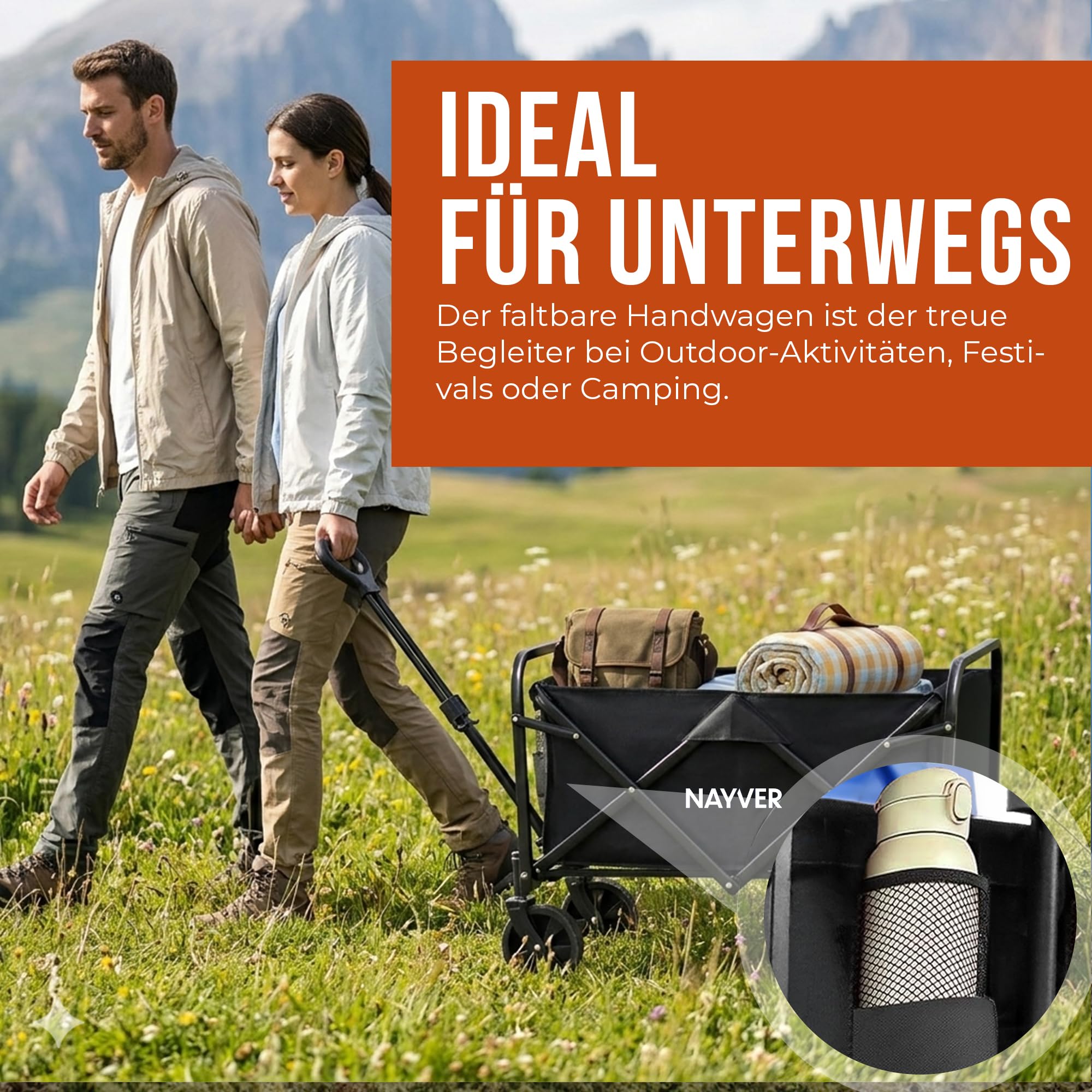 Faltbarer Bollerwagen Camping Trolley Handwagen | Bis 80kg Tragkraft, 60L Volumen, 360° Rädern, 600D Oxford & Stahlrahmen, Für Camping, Angeln & Festivals