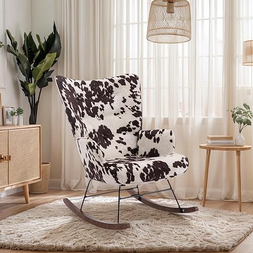 Mecedora de terciopelo para habitación del bebé, silla mecedora para interiores con respaldo de ala, con base de madera maciza, cómoda silla