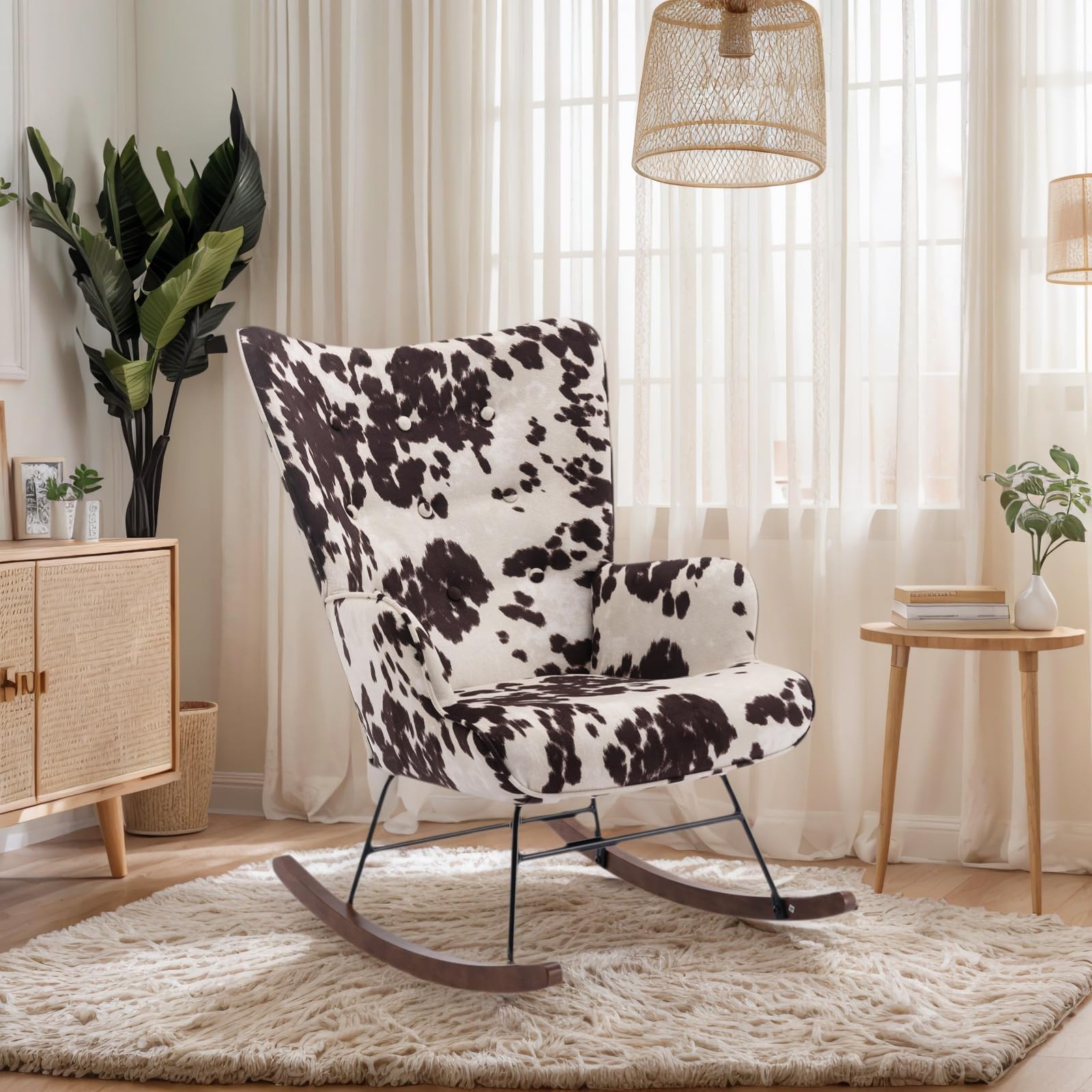 DOGNNAK Velvet Wingback Accent Rocking Chair Indoor Tufted Wingback Accent Chair with Solid Wood Base Comfy Tall Back Leisure Rocker Armchair for