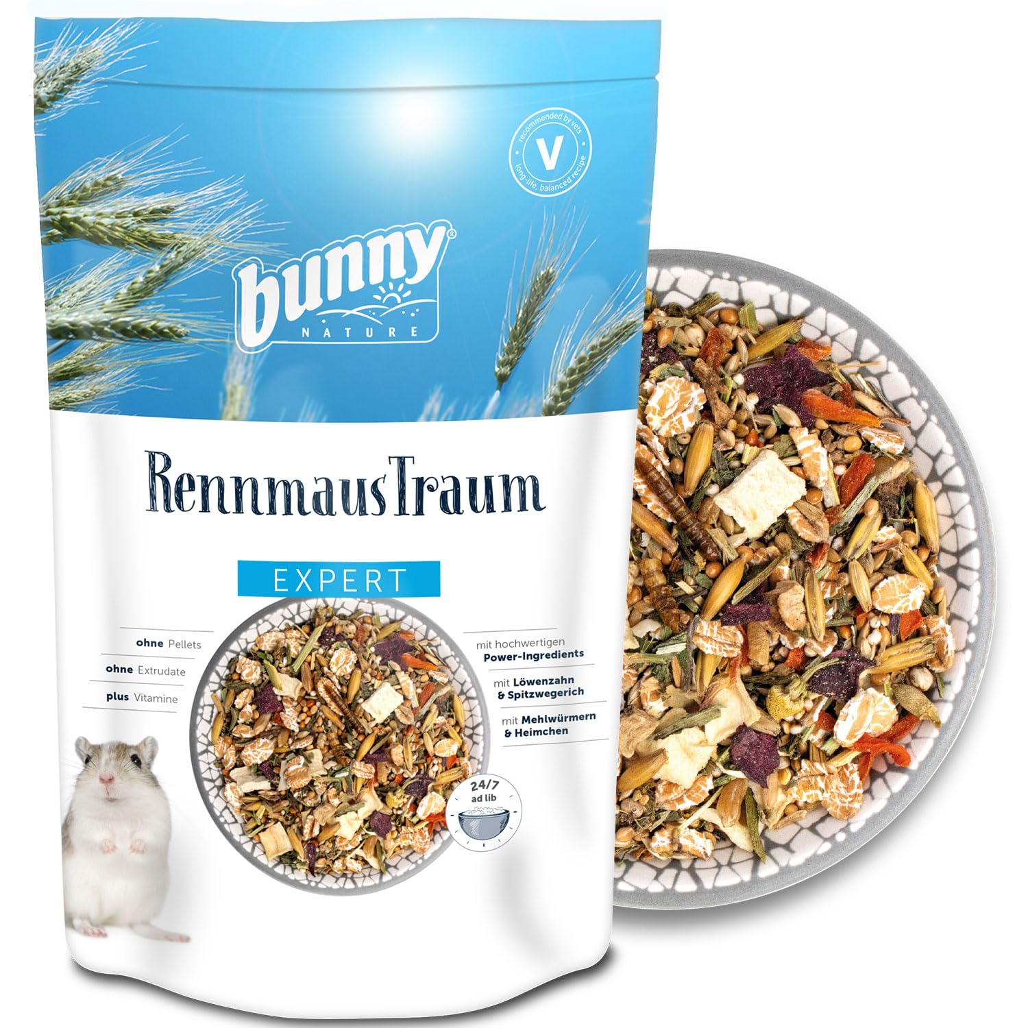 bunny Nature RennmausTraum Expert – Mangime completo per gerbilli – Mix di mangime per roditori con vitamine, ingredienti potenti e vermi – 500 g