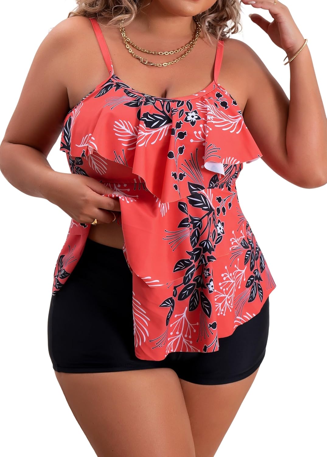 B2prity Women Plus Size Tankini Swimsuits Tummy Control Two Piece Bathing Suit Ruffled Flounce Swimwear with Shorts