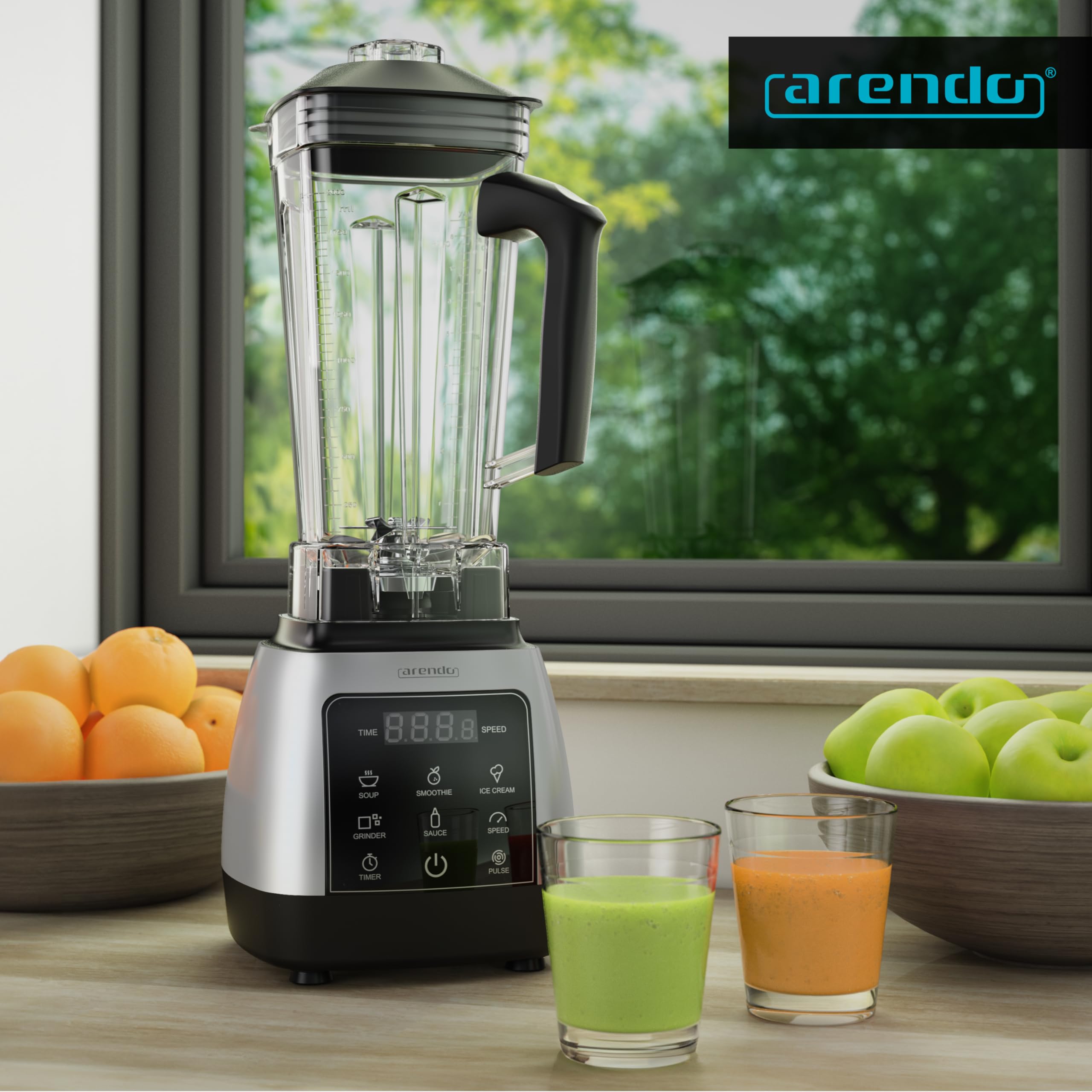 Arendo - Standmixer 2000 Watt mit Touchpanel - Hochleitungsmixer - 2L - 9 Geschwindigkeitsstufen – max. 24.000 U/min - Pulsfunktion – Timer – 5 Programme – Mixer mit Display – 6 Messer aus Edelstahl