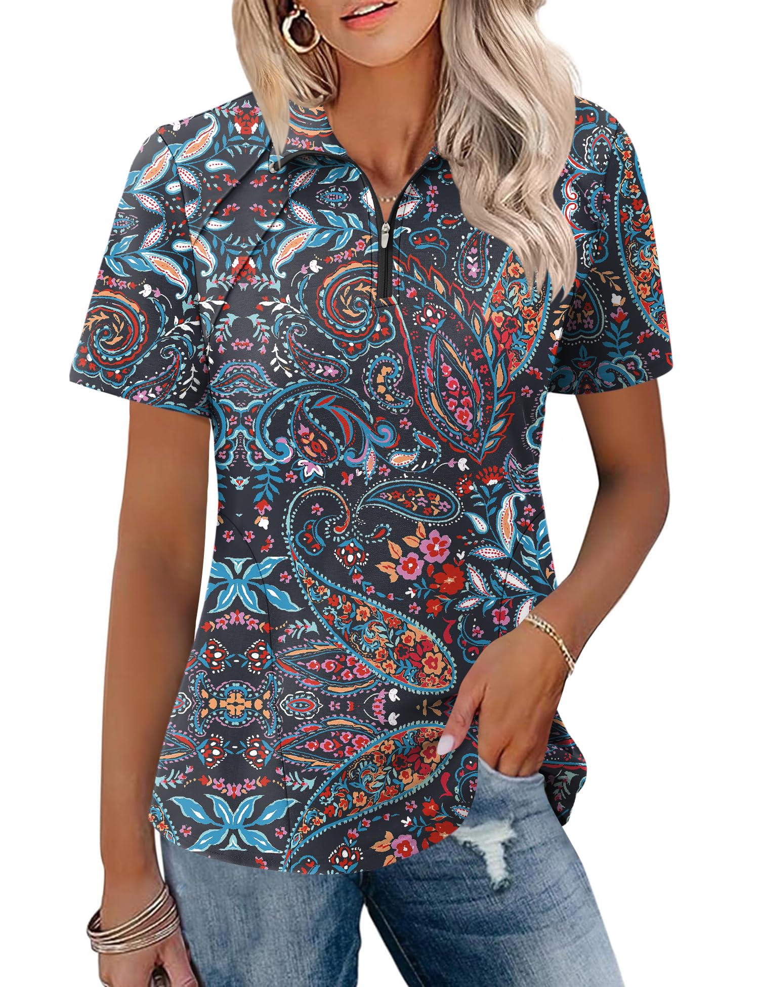 LOMON Womens Golf Polo Shirt Summer Short Sleeve Quarter Zip Outfit