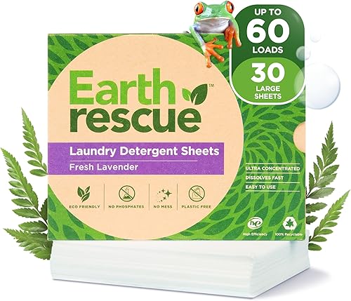 Earth Rescue 30 hojas de detergente para ropa de lavanda, ecológicas, sin fragancia, tecnología sin líquido, biodegradable, sin plástico, ideal para