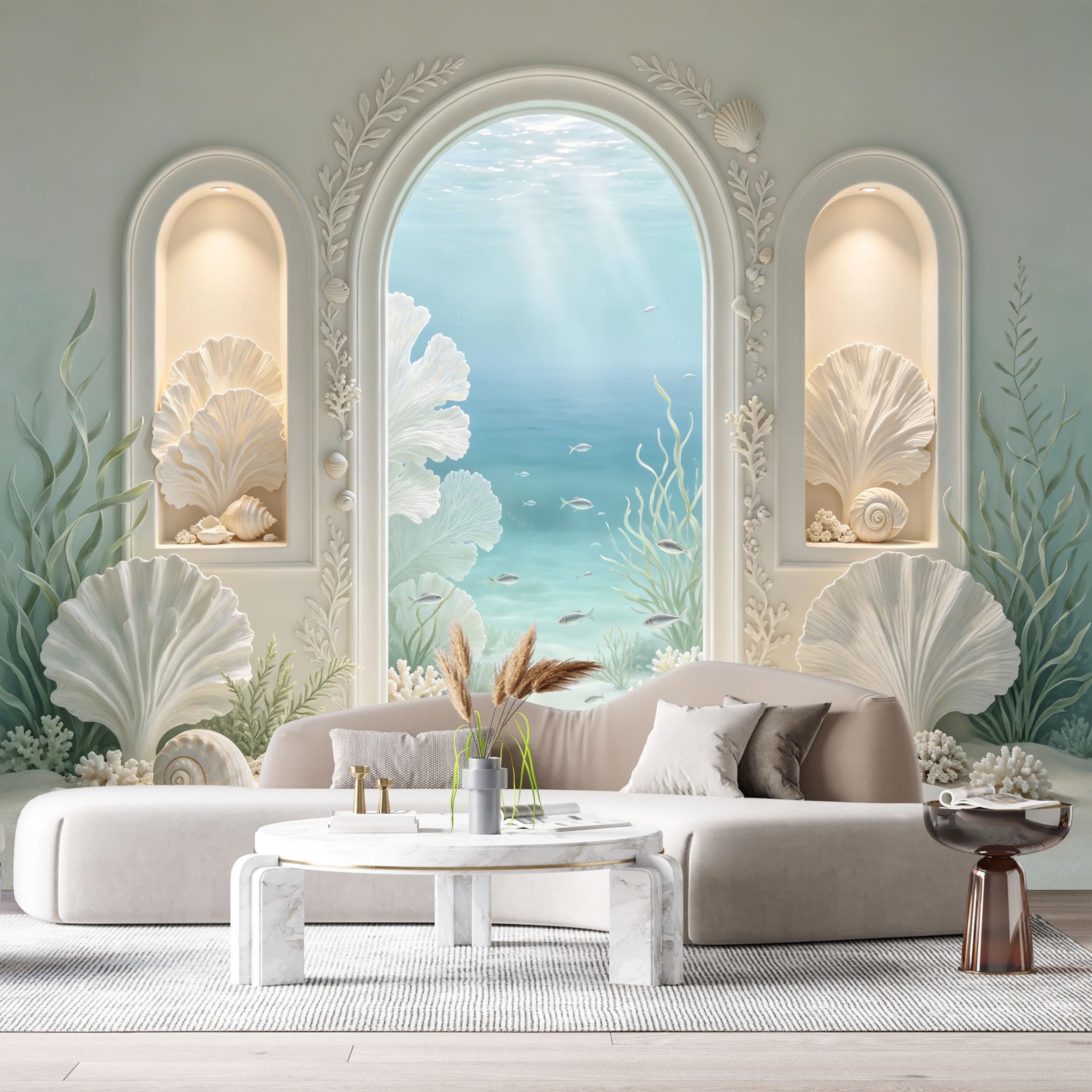 Custom Size Wall Murals Coastal Ocean Marine Underwater Arch Shell 3D Trompe L'Oeil SelfAdhesiveWall Fabric Removable Wallpaper Wall Decor for Living Room Bedroom Bathroom