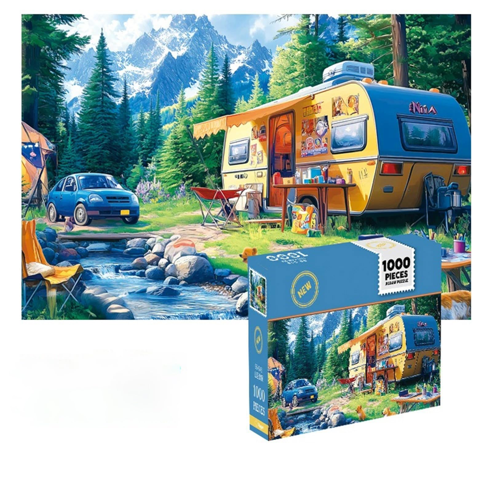 Mini Jigsaw Puzzles for Adults 1000, 1000 Piece Jigsaw Puzzles for Adult Beautiful Landscape Educational Challenging Game Toys, Perfect Puzzles Gift for Women, Camping Tour Car Around Landscape
