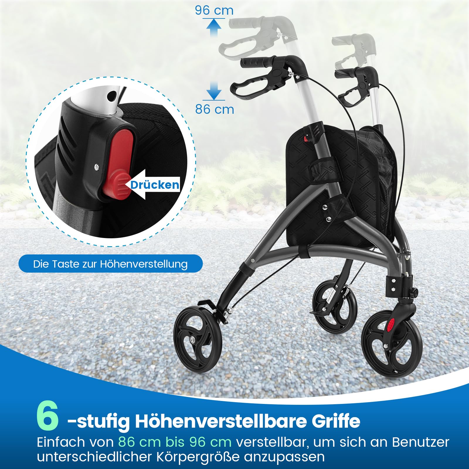 COSTWAY Rollator schmal für Wohnung, Dreirad, faltbar und leicht, Gehhilfe 6-fach höhenverstellbar, Gehwagen mit Tasche & Bremse, Aluminiumrahmen, klappbar für Senioren & Erwachsene (Grau)