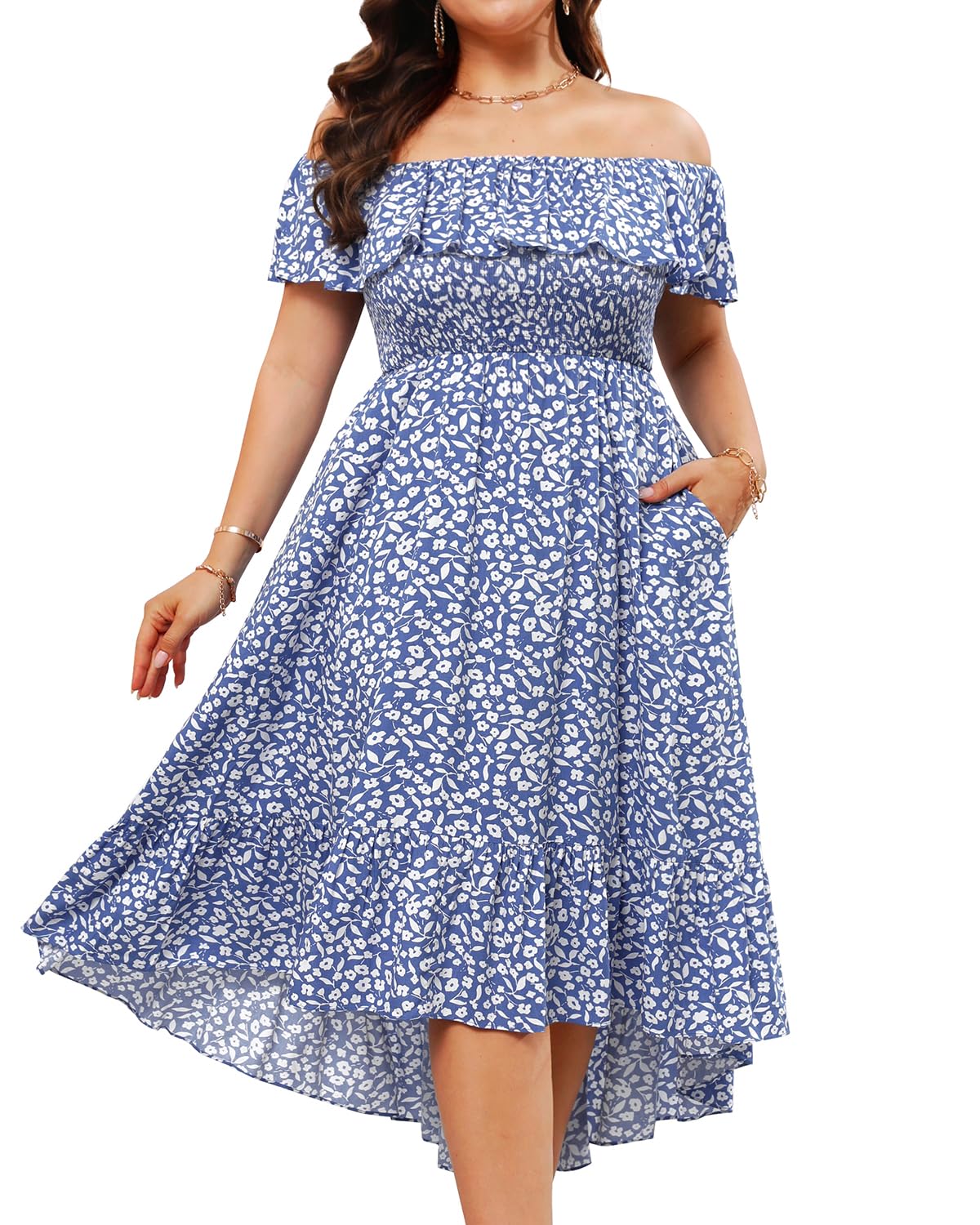 Pinup Fashion Plus Size Summer Dresses - Off Shoulder Ruffle Boho Casual High Low Smocked Dress with Pockets