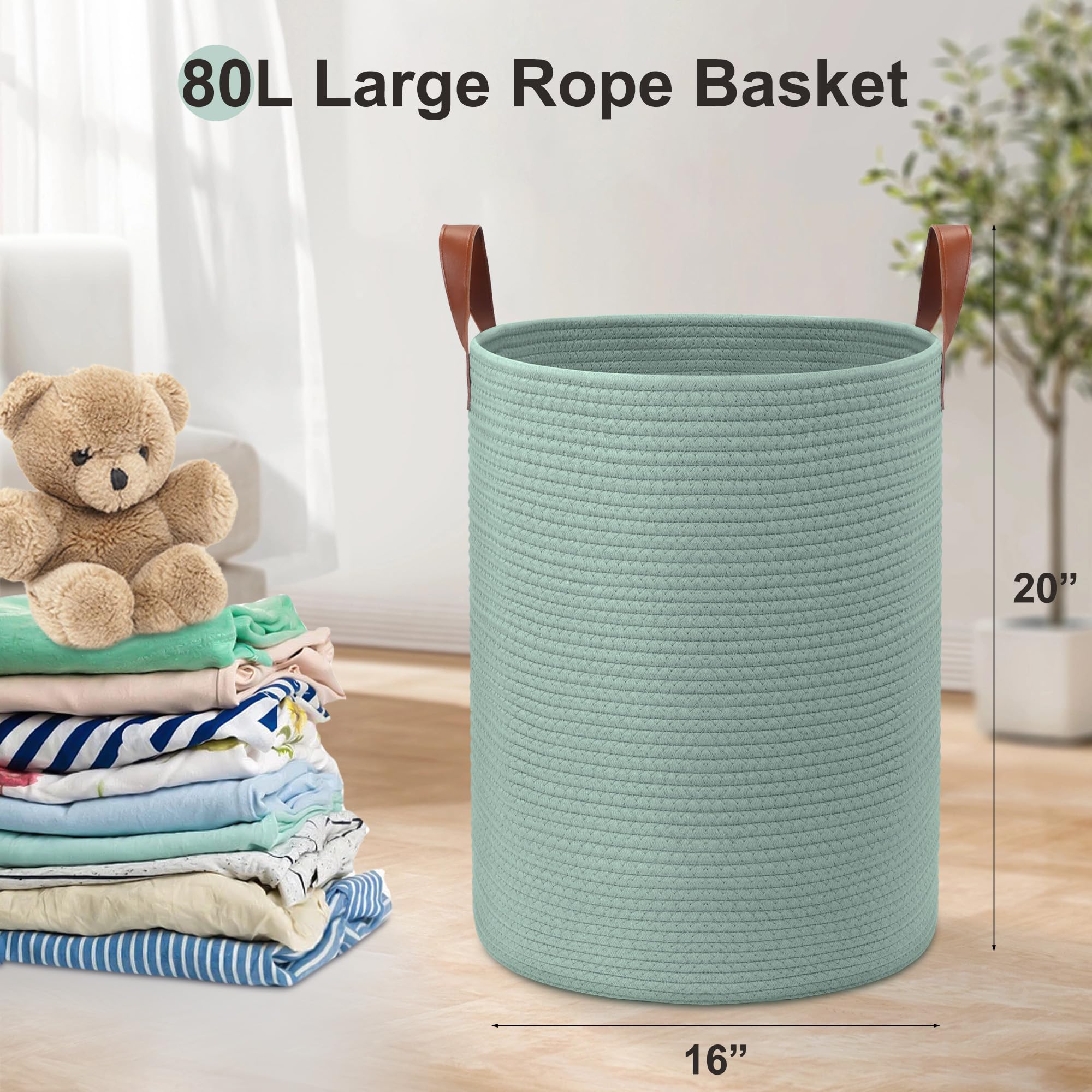 Grande cesto portaoggetti in corda intrecciata da 80 l, con manici in pelle, per giocattoli per cani, camera da letto, cameretta dei bambini, cesto portabiancheria alto 40,6 x 50,8 cm (verde)