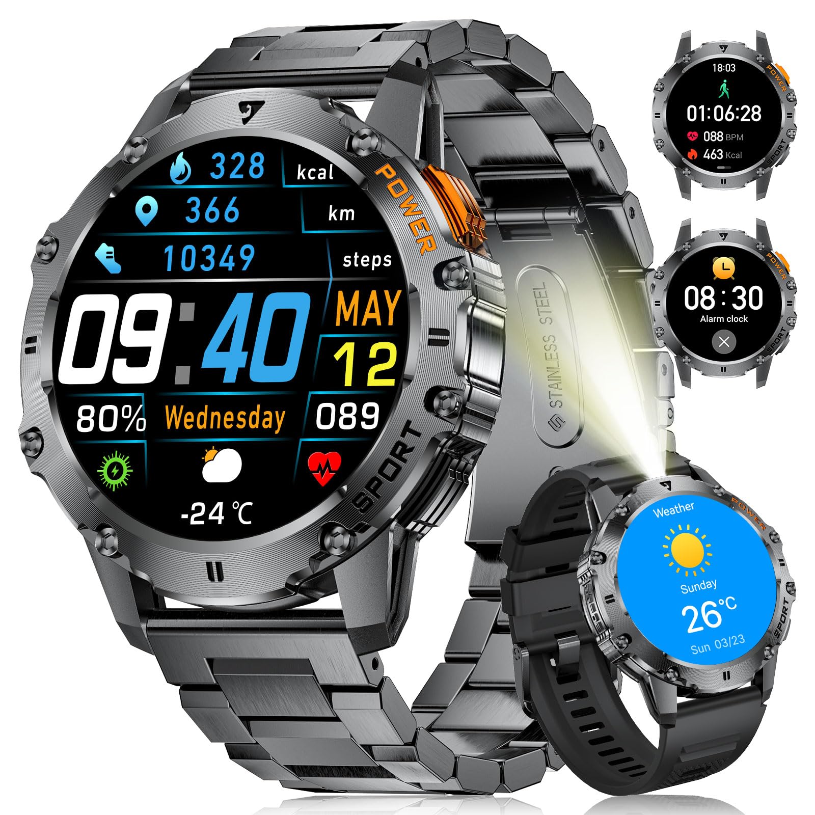 LIGE AMOLED Smart Watch for Men/500mAh Battery/LED Flashlight/Bluetooth Call/110+ Sports Modes/Heart Rate Monitor and Sleep, IP68 for Android/iOS, Black