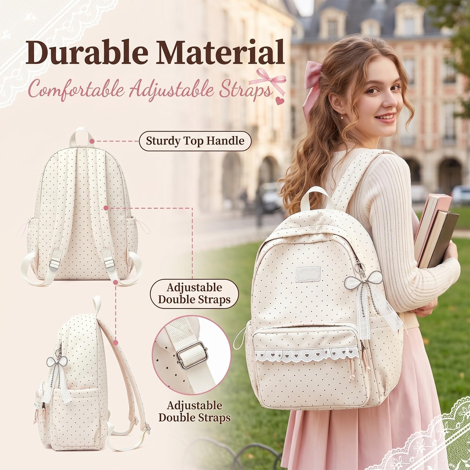 Zaino Da Donna In Nylon A Pois, Borsa Y2K Carino Per Laptop Libri, Zaino Da Viaggio Legero E Capiente, Borsa In Nylon Impermeabile Con Multi Scomparti, Zainos Casual Per Tutti I Giorni(Bianco)