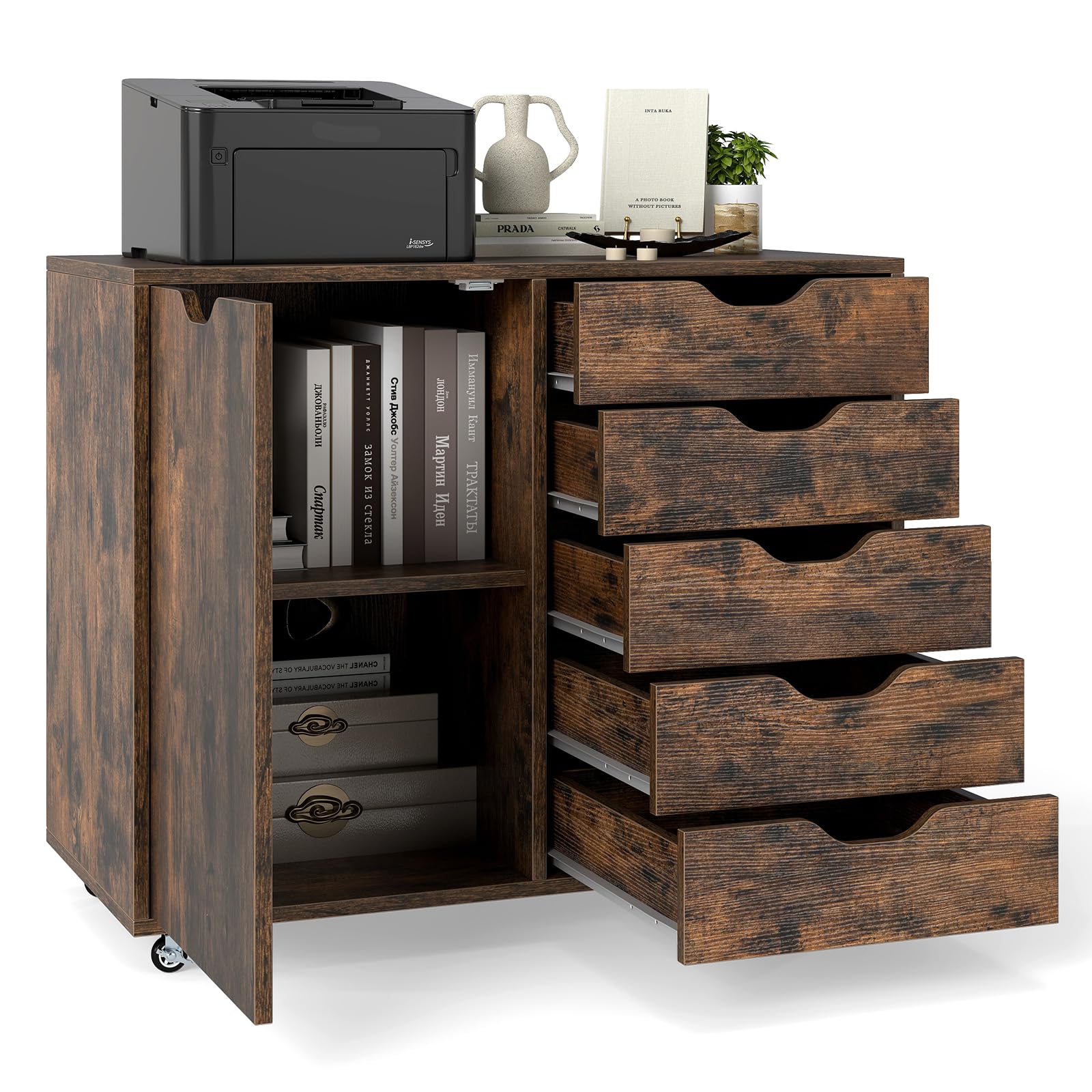 CASART Rolling File Cabinet, 5/7 Drawers Freestanding Storage Organizer Cupboard on Wheels, Home Office Lateral Filing Chest (Rustic Brown, 5 Drawers + 1 Door)