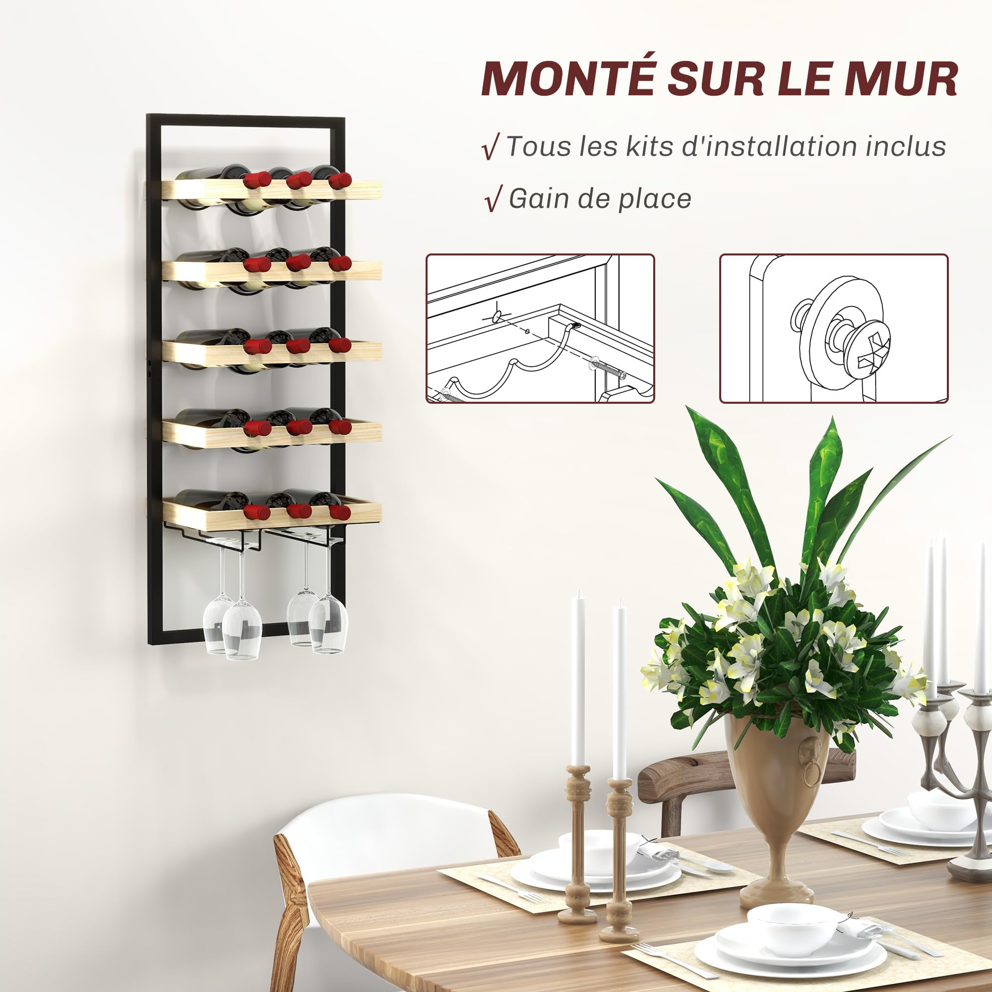 HOMCOM Étagère à vin Murale, Porte-Bouteilles, étagère à Bouteilles 5 Niveaux pour 15 Bouteilles 4 Verres, Bois de pin, 35 x 25 x 86 cm