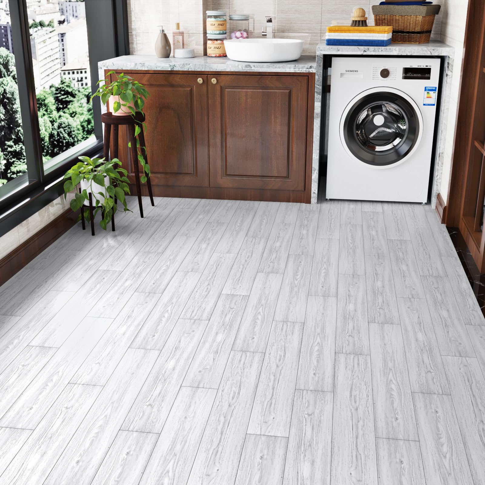 24 Pezzi Pavimento PVC Adesivo Effetto Legno Piastrelle Adesive Cucina Lavabili Grigio Bianco Parquet Linoleum 90cm x 15cm