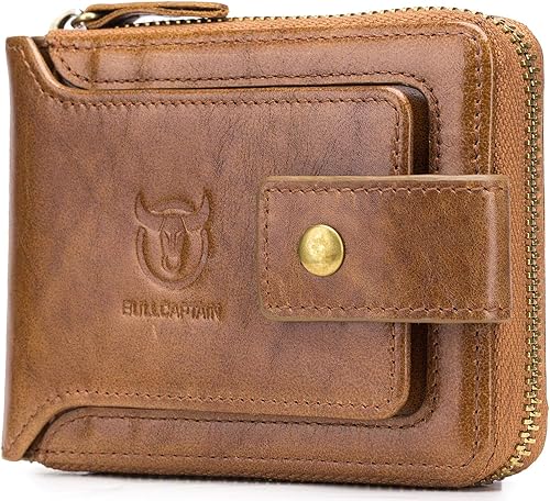 Cartera de piel auténtica para hombre con bloqueo RFID y cierre de cremallera alrededor de la bolsa plegable Bronceado M Cartera RFID Negro, Marrón,