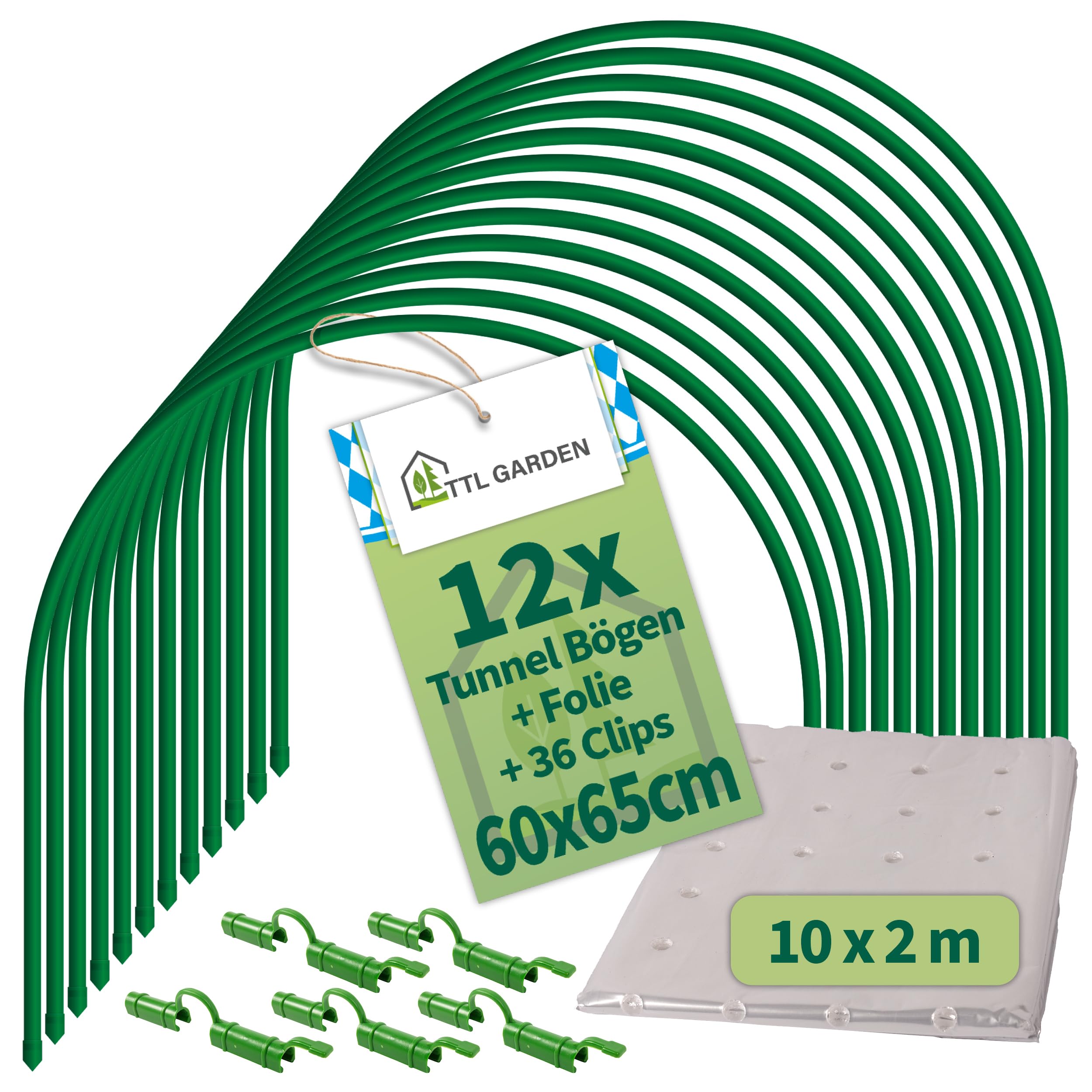 TTL GARDEN 12x 60x65cm Tunnelbögen ARCOS Classic 60 Set + PE-Folie 10x2m + 36 Clips - 12er Set Folientunnelbögen 60cm breit 65cm Stahl beschichtet Rund Bogen Abdeckung Frühbeet Hochbeet stabil