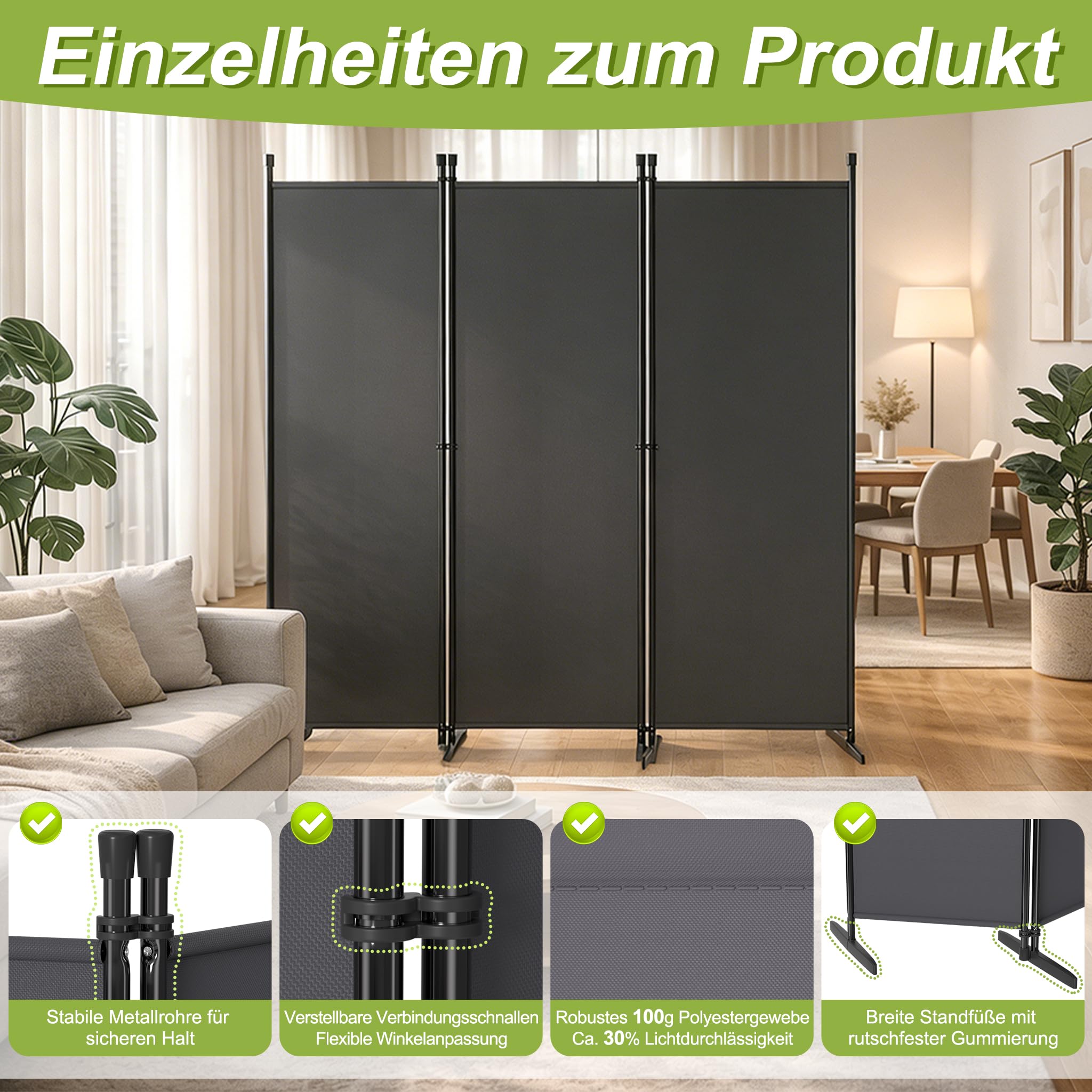 LZQ Paravent Raumteiler Klappbar Freistehend Sichtschutz Trennwand Faltbar Spanische Wand Stellwand Raumtrenner für Schlafzimmer Wohnzimmer Büro Balkon Innenbereich – 3 Teilig 240x180 cm Dunkelgrau