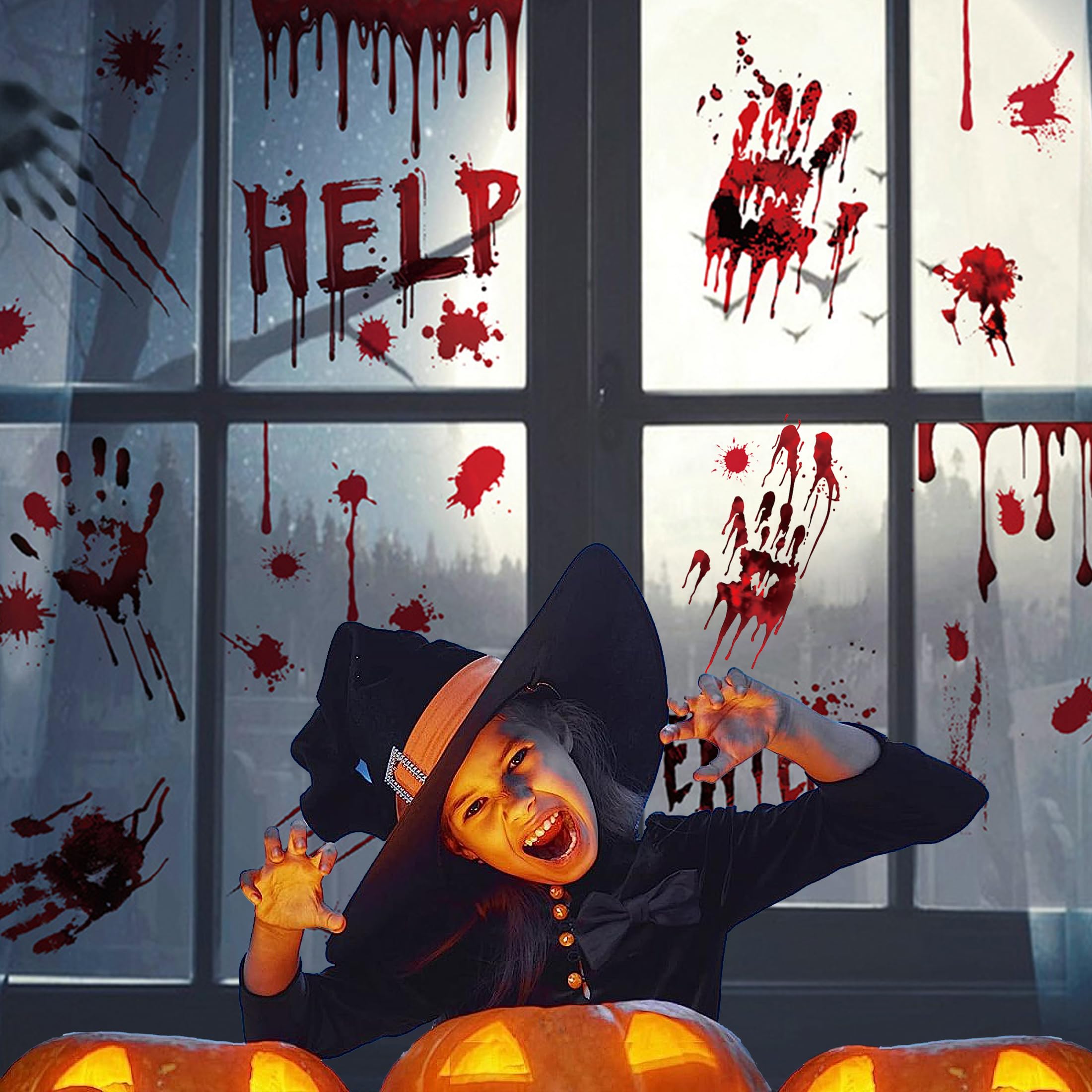 Pelizen Red Halloween Window Stickers, Halloween Window Decorations, Scary Bloody Handprint Windows Clings, 43Pcs Double Sided Skullprint Reusable For Haunted House, Party, Scary Scene, 7 Sheet
