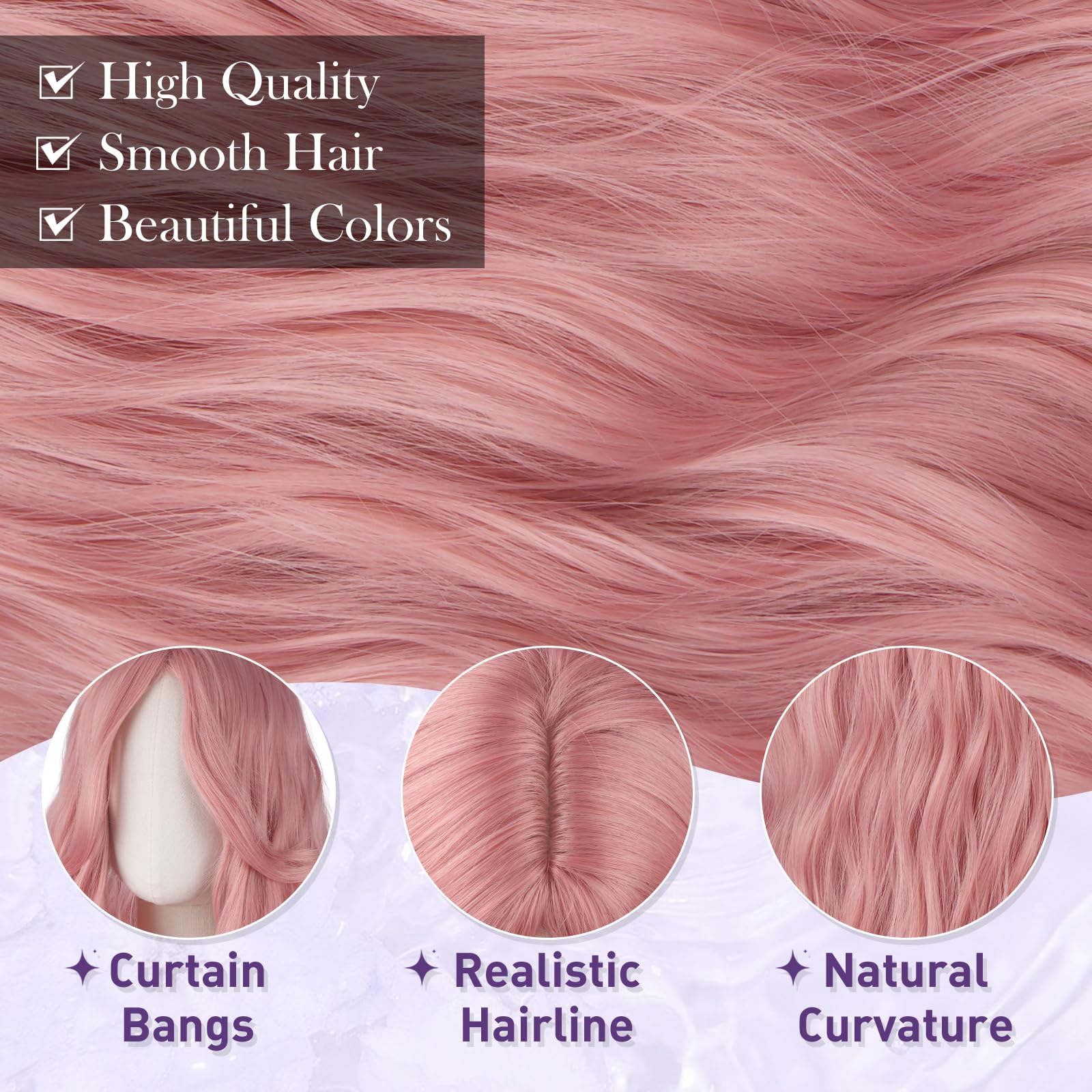 Haloo  Wigs with Curtain Bangs for Women - Long Wavy Middle Part Natural Looking Synthetic Hair Wig for Daily Party Cosplay Costume, 26 Inch: Pink