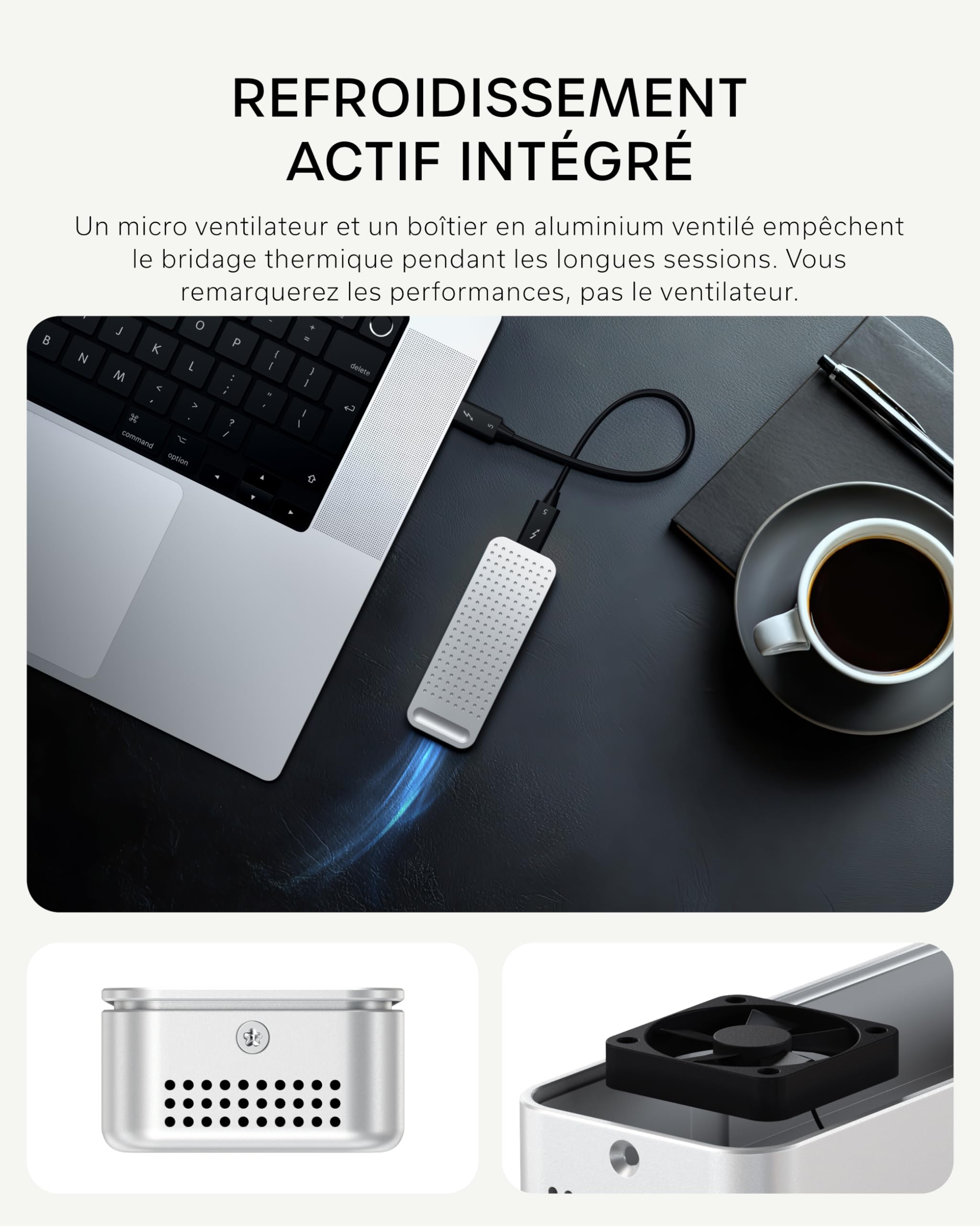 SATECHI DotDisk™ Boîtier SSD M.2 NVMe 80Gbps, USB4 V2 en Aluminium avec Refroidissement Actif, Transfert Ultra Rapide pour Thunderbolt 5 et USB4 – Argent