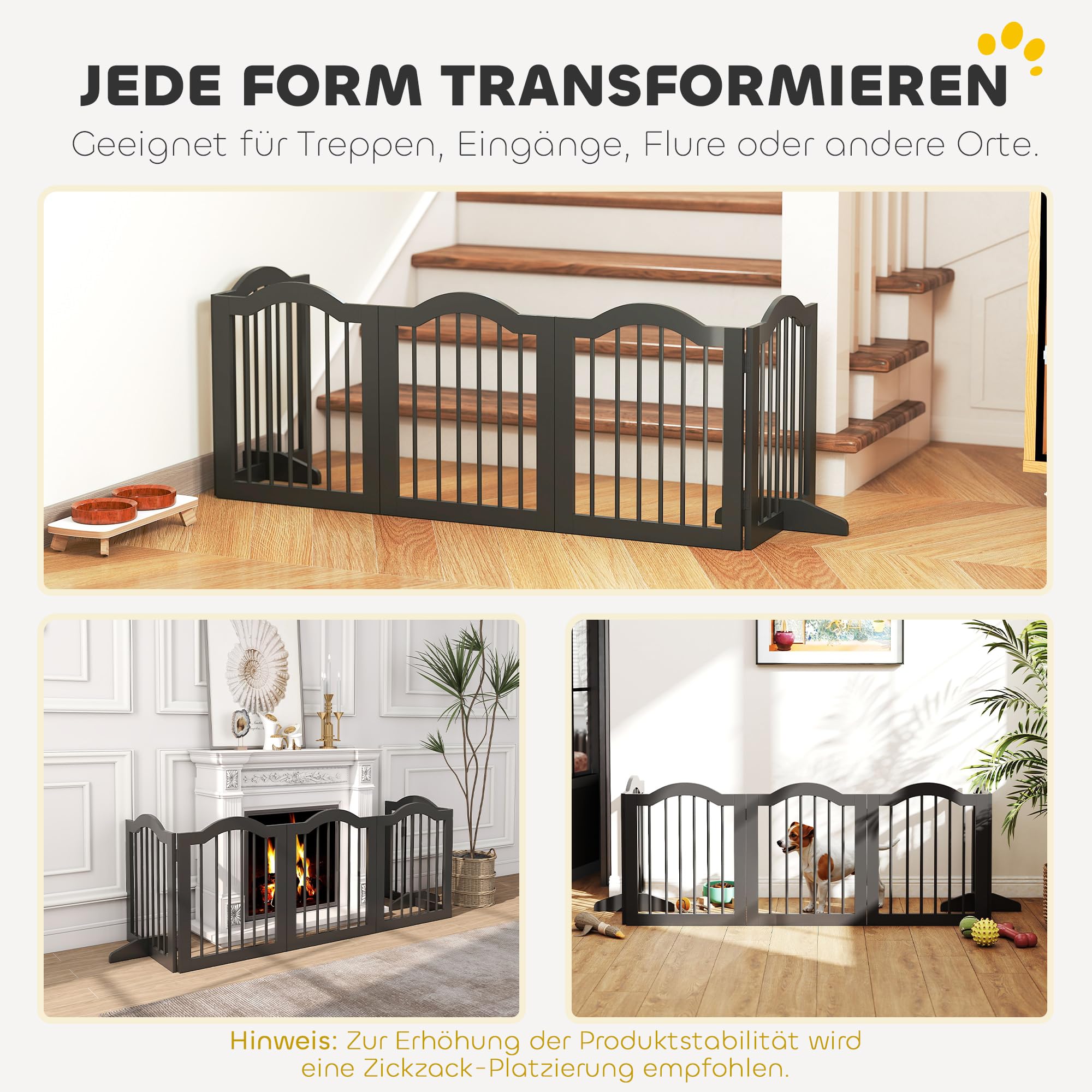 PawHut Barrera plegable para perro, 261,5 x 61 cm, color negro | Rejilla para perros de 5 piezas con puerta, con 2 patas de apoyo, rejilla para escaleras para cocina, pasillo