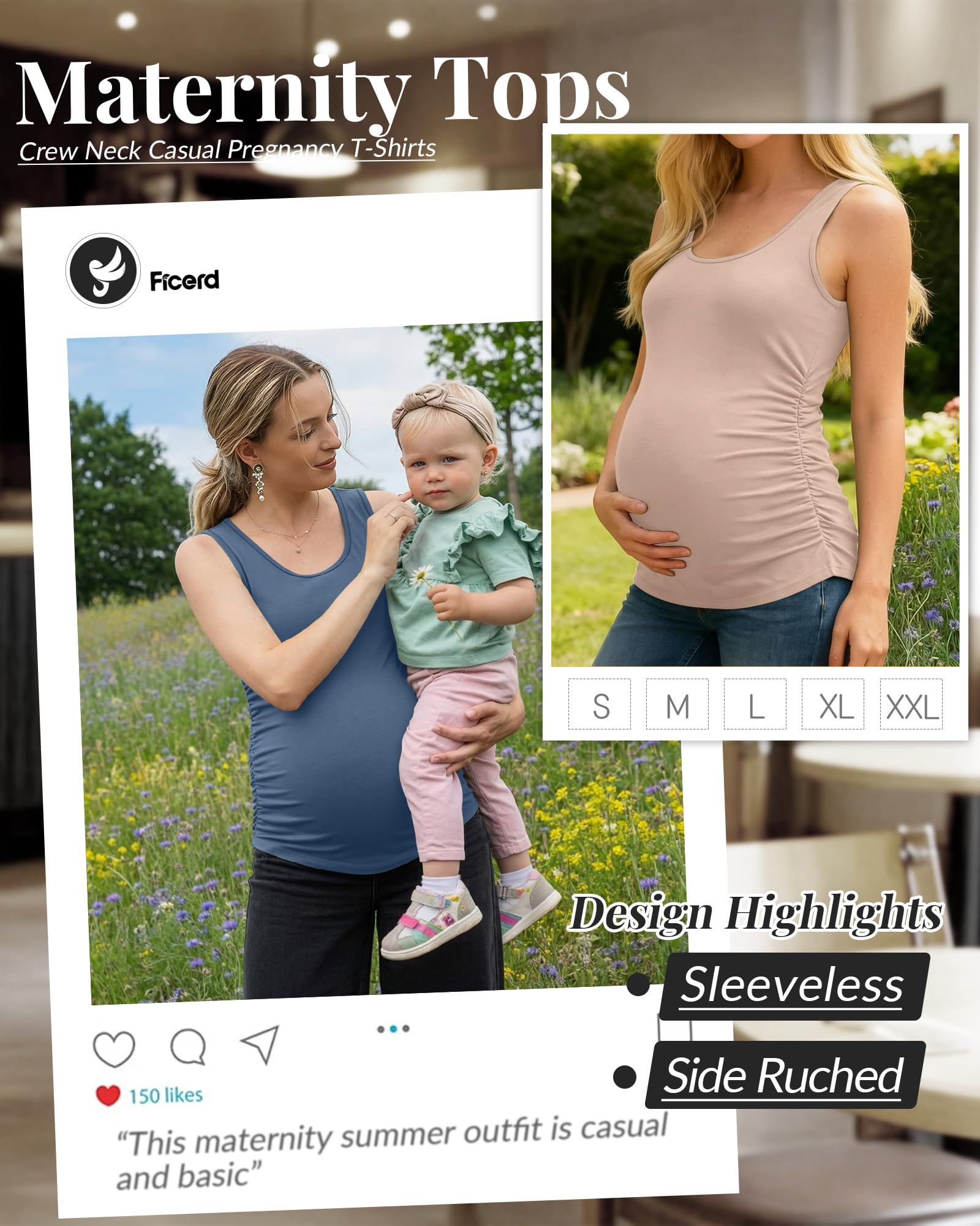 Ficerd 4er Pack Damen Maternity Tanktops Ärmellos mit Seitlicher Raffung Rundhals Casual Schwangerschaft Tops Sommer