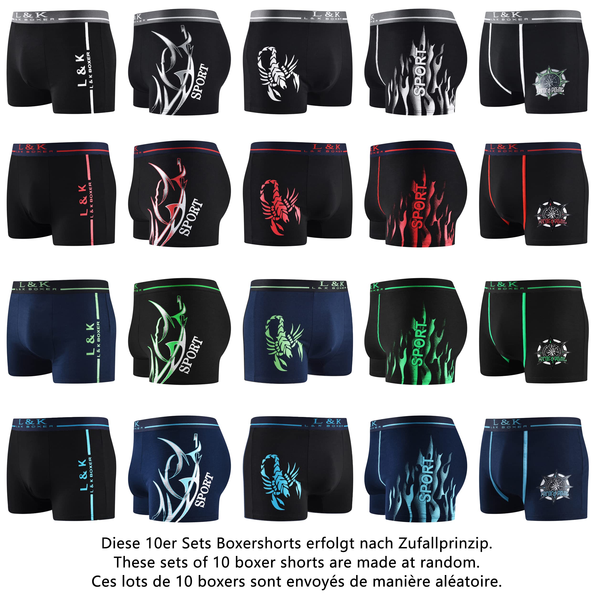 L&K Lot de 10 Boxers Homme avec Magnifiques Motifs été 2024 Coton 1102