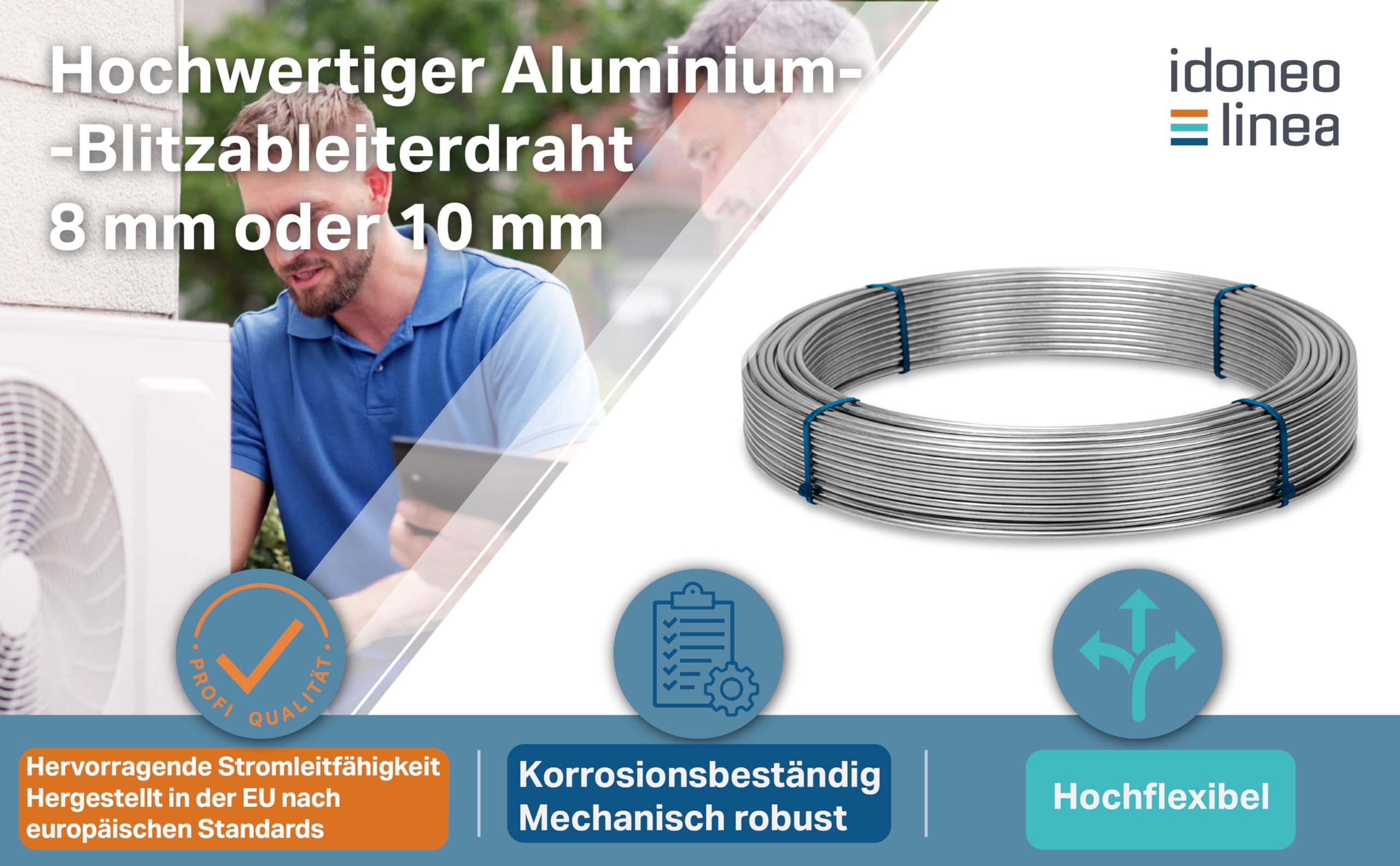 Aluminium Runddraht 8 mm / 10 mm – Flexibler Erdungsdraht für Blitzschutz & PV-Anlagen, Alu Blitzableiter Draht, Korrosionsbeständig, Längen: 1–148 m
