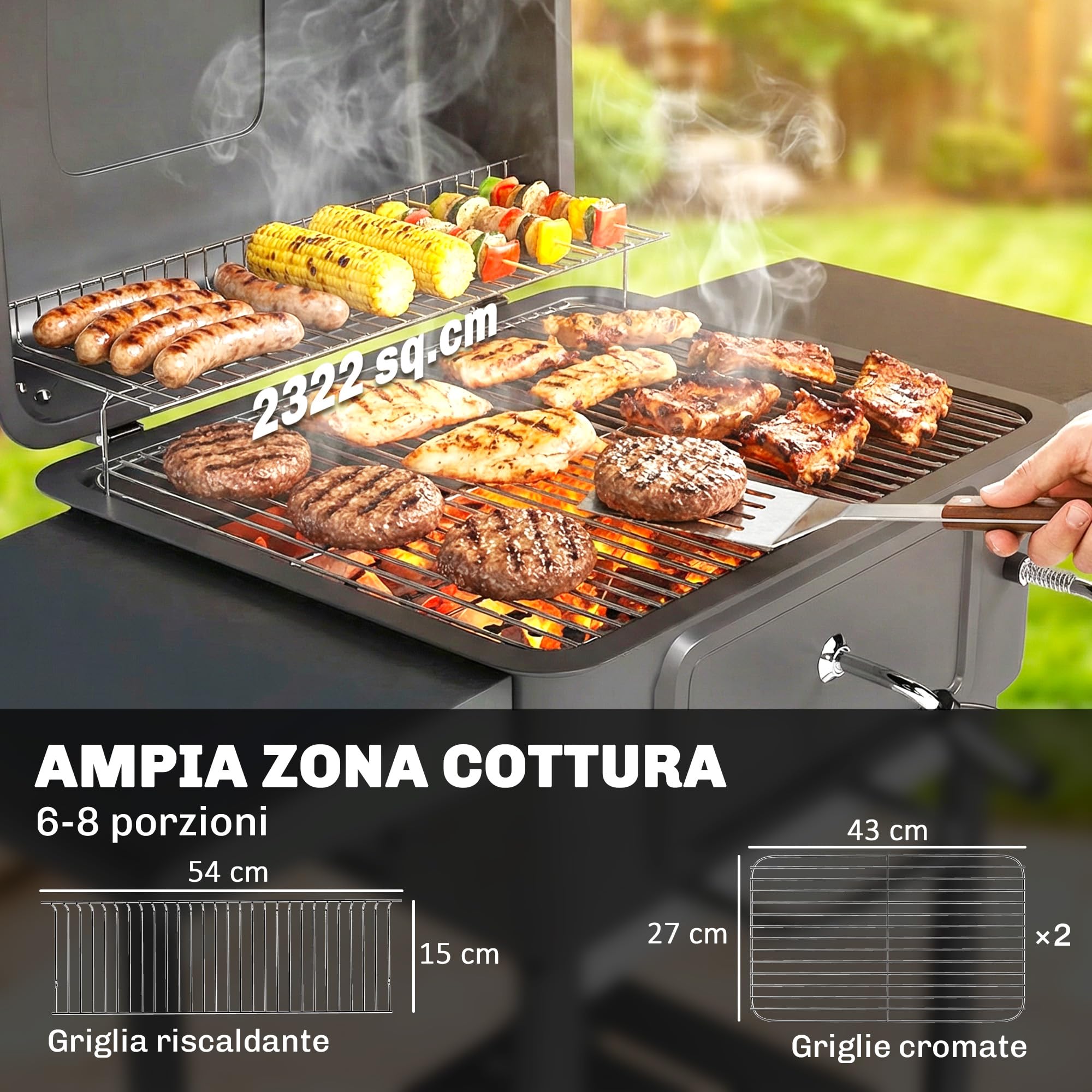 Outsunny Barbecue Carbonella Carrello BBQ Portatile con Griglia e Coperchio, Nero