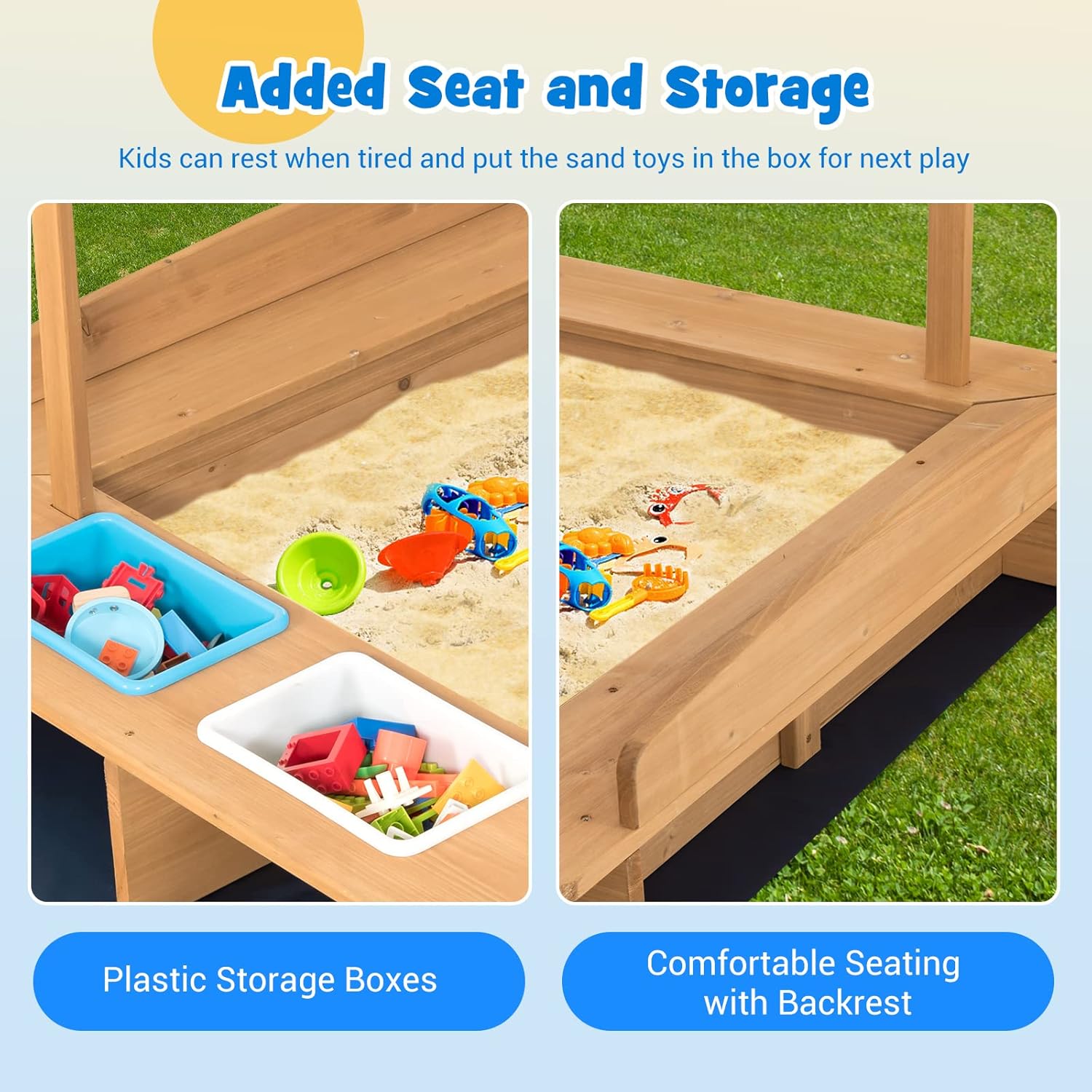 HONEY JOY Kids Sandbox with Canopy, Wooden Bottomless Sand Pit Play Station w/Liner, 2 Storage Bins and Striped Canopy, Built in Benches, Outdoor Square Sand Boxes for Kids Backyard : Toys & Games