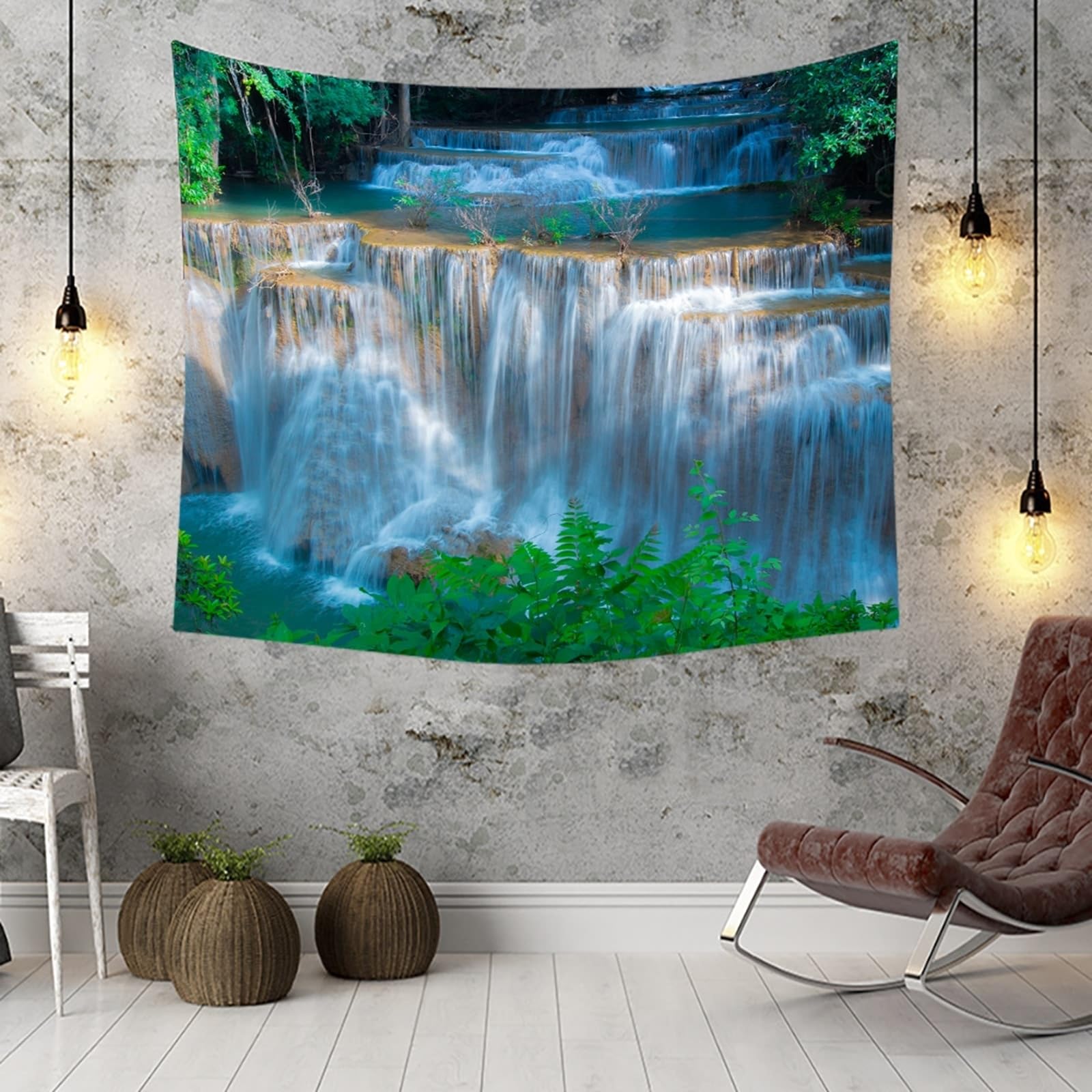 Skcess Jolie tapisserie en polyester, vert et blanc, cascade, paysage naturel, tapisserie nature, 240 x 220 cm