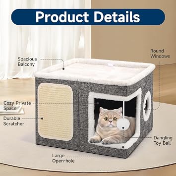 Shikha Cat House Bed for Indoor Cats with Fluffy Ball and Scratch Pad,Grey | Foldable Cat Bed Cave for Multiple Pets, 2 Layer Large Cat Hideaway Cube for All Season, 43L x 43B x 32H cm, Hold Up to 30LBS
