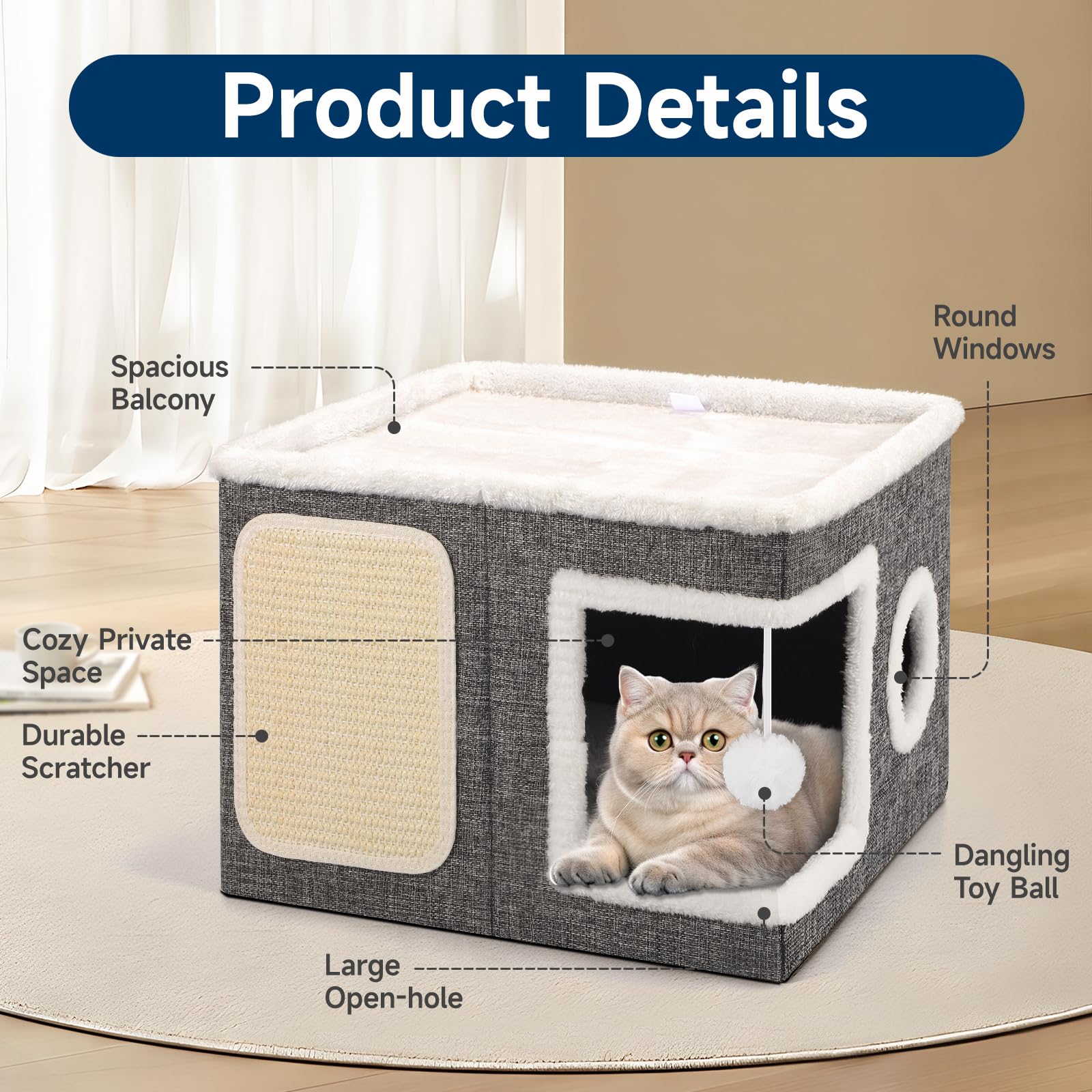 Faltbares Katzenhaus Indoor große Katzen, 43L x 43B x 32H cm Große Katzenhöhle mit Kratzbrett und Spielball, 2 Schicht Katzen würfel, Katzenhaus Höhle für kleine und mittlere Haustiere