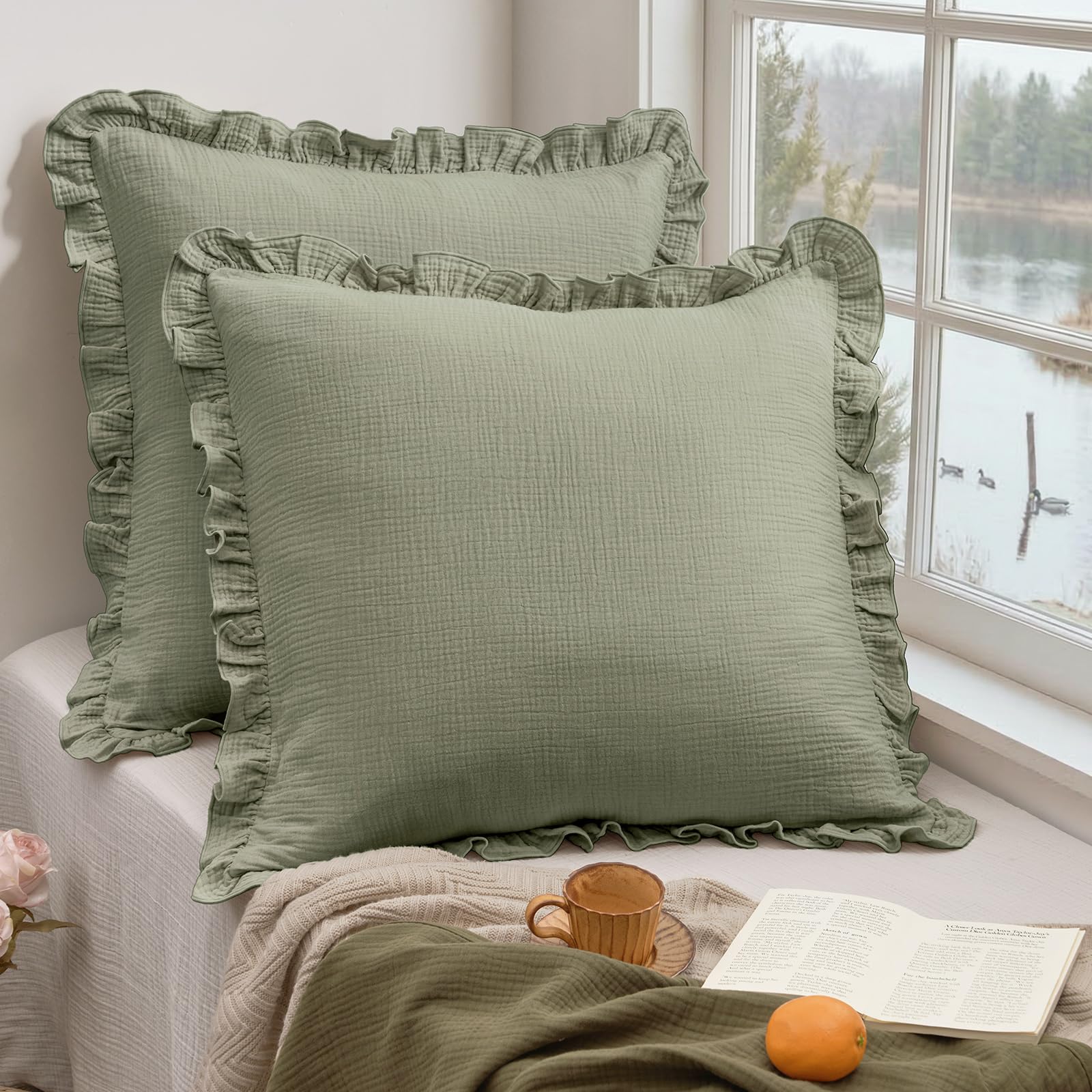 phf cotton muslin euro sham pillow covers with ruffle, 2 pack 3-layer gauze 26x26 pillow covers, no filling, ultra soft breathable euro shams for vintage decor, dusty sage