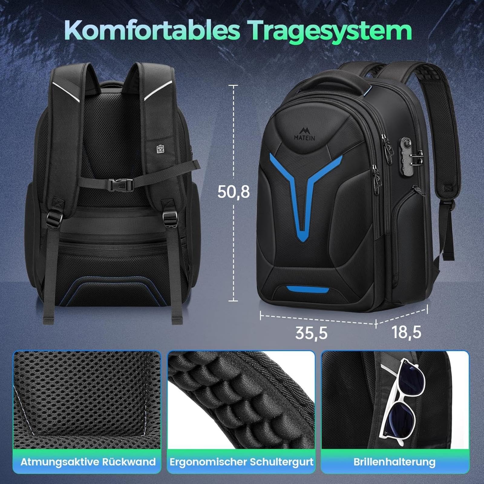 MATEIN Mochila Gaming Antirrobo Hombre, Mochila Portátil 18 Pulgadas | Cerradura con Código Mochila Hombre Trabajo, Bolsillo Oculto, Funda Impermeable Desmontable para Trabajo, Gaming, Negro