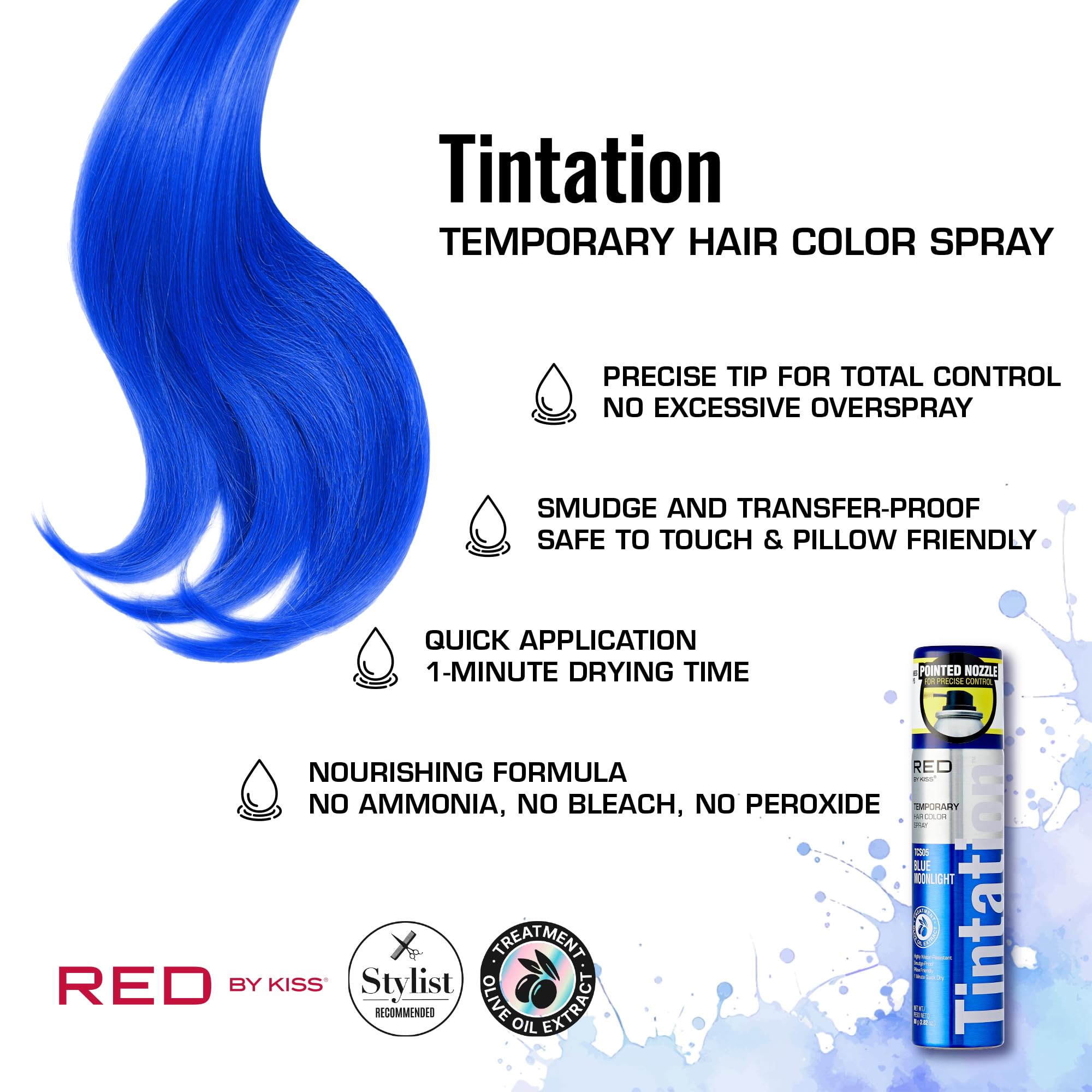 Red by Kiss Tintation Temporary Hair Color Spray 2.82oz, Quick-Dry & Smudge-Proof, Vivid Color Washable Hair Dye, Styling Spray Cosplay Halloween Birthday Party Festival (Blue Moonlight)