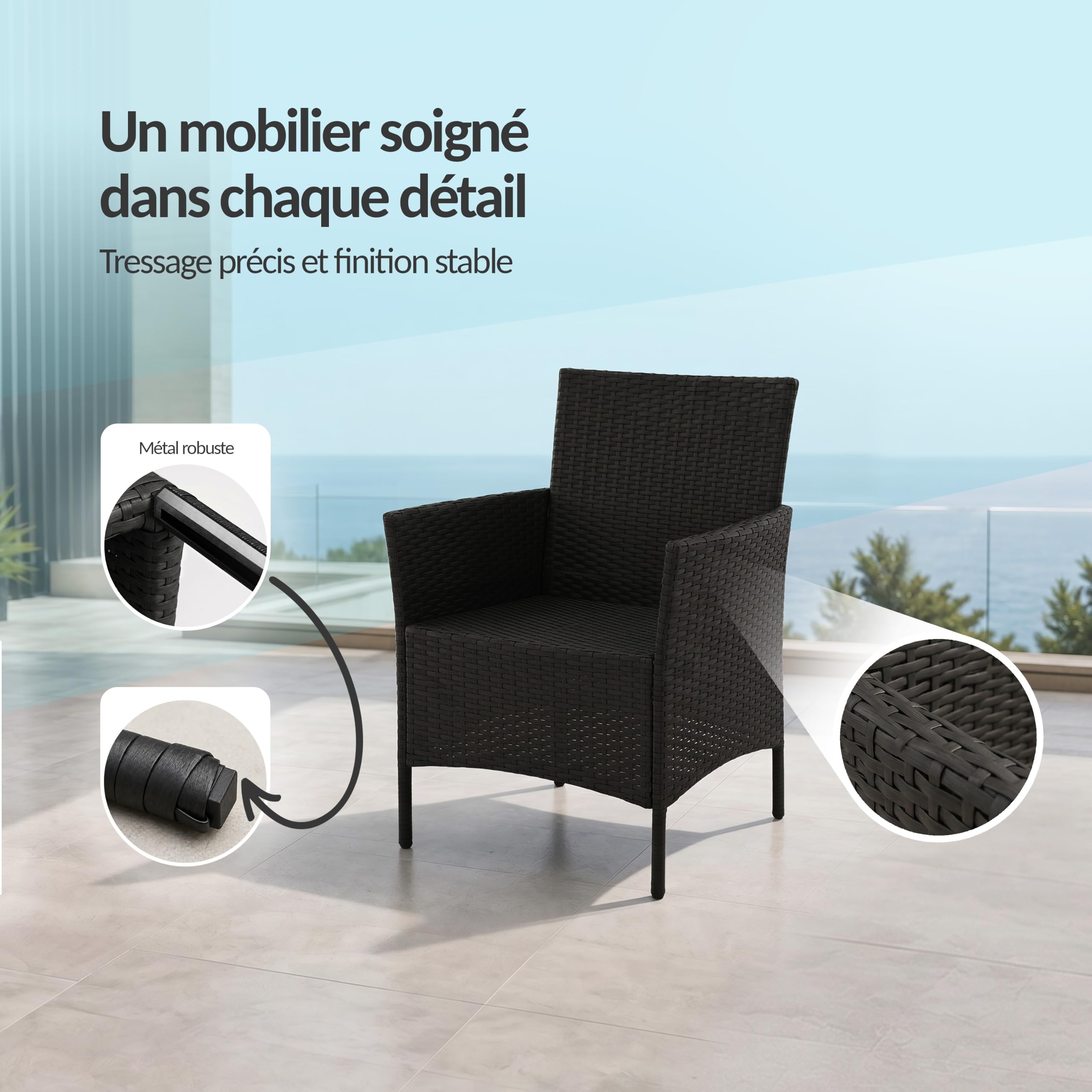 POKAR Salon de Jardin Rotin Gris avec Coussins Assise et Dossier Beige