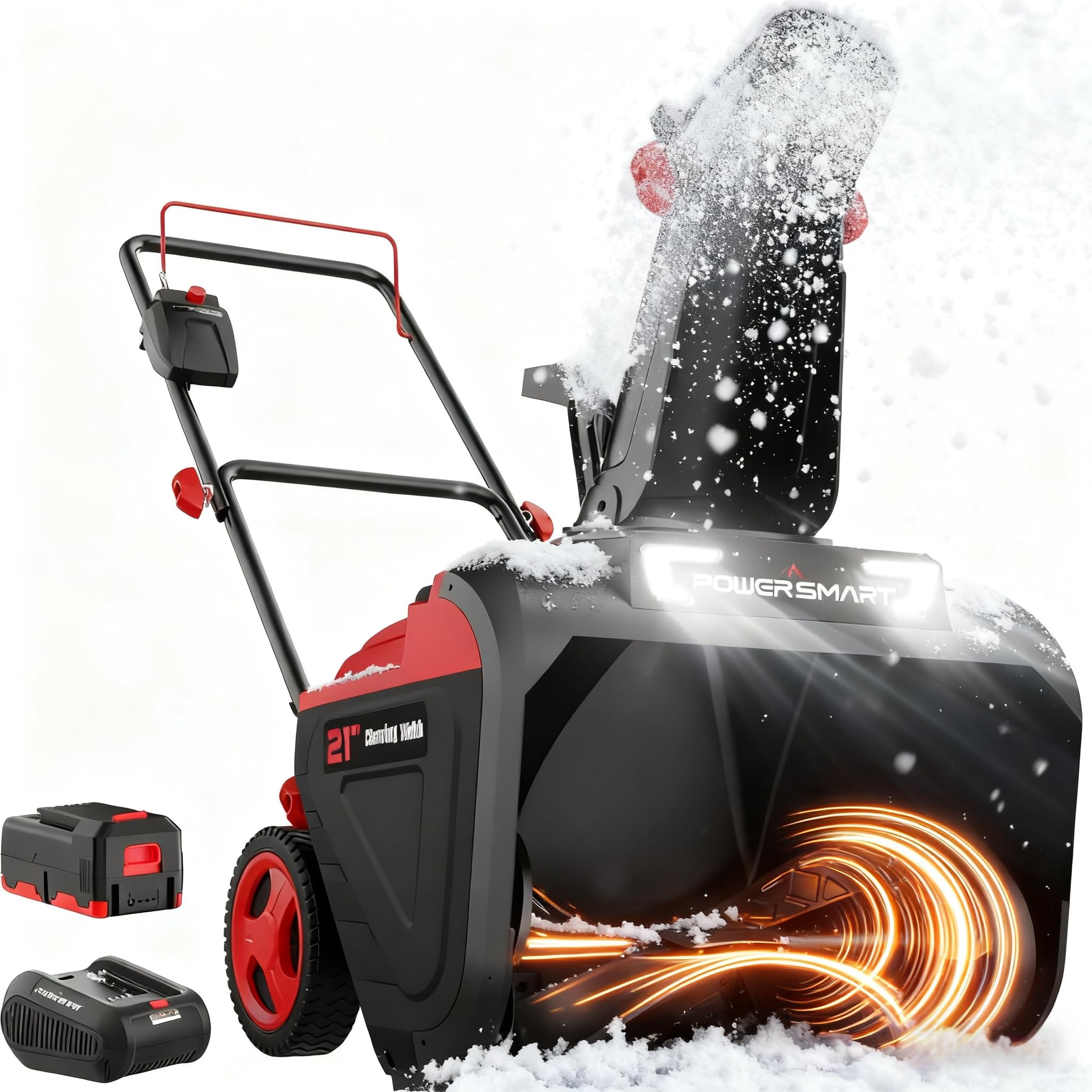 powersmart 40v cordless snow blower, 21'' cleaning width/6'' cleaning depth snow blower with led light & 30 ft throwing distance, battery and charger included,perfect for driveway,garden, deck,garage