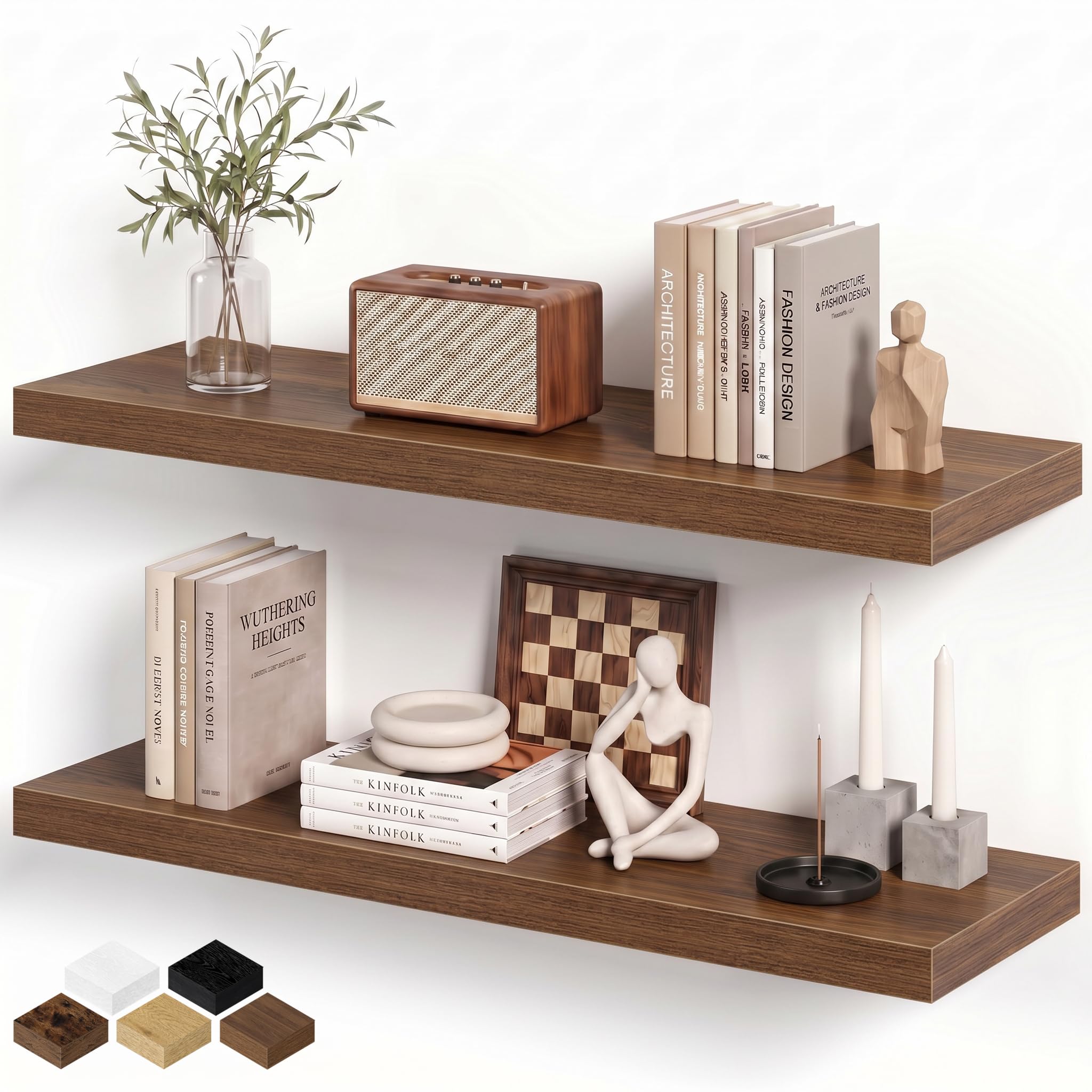 Fun Memories Floating Shelves for Wall, 80 x 20cm Floating Wall Shelves with Invisible Brackets Set of 2, Hanging Rustic Wood Shelf Decoration for Bedroom, Bathroom, Living Room and Kitchen, Walnut — image 1