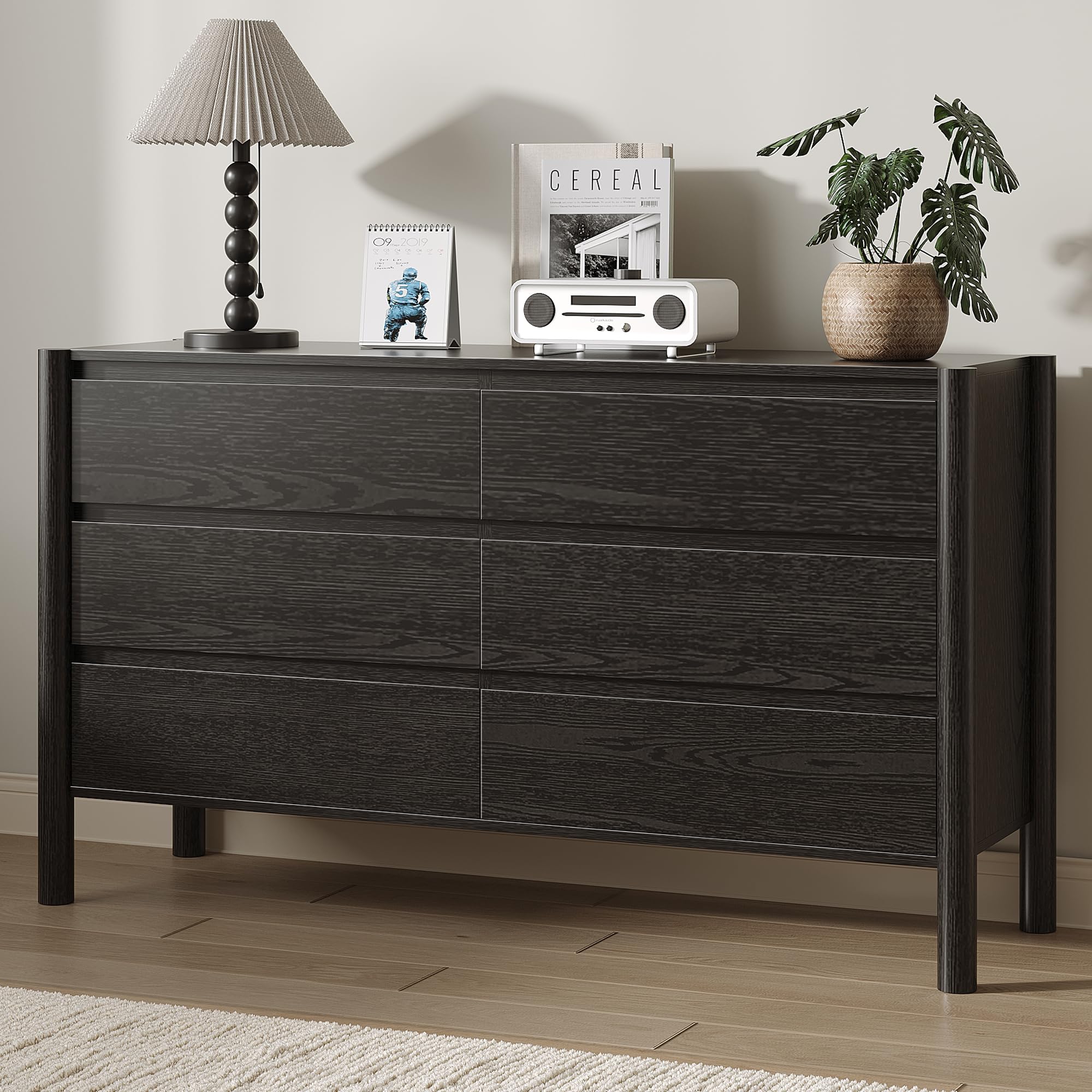Amazon.com: HOUROM 47" Wide 6-Drawer Dresser for Bedroom, Mid-Century  Modern Chest with Solid Wood Legs, Concealed Handle,Large Wood Storage  Organizer, Bedroom Storage,Black : Home & Kitchen