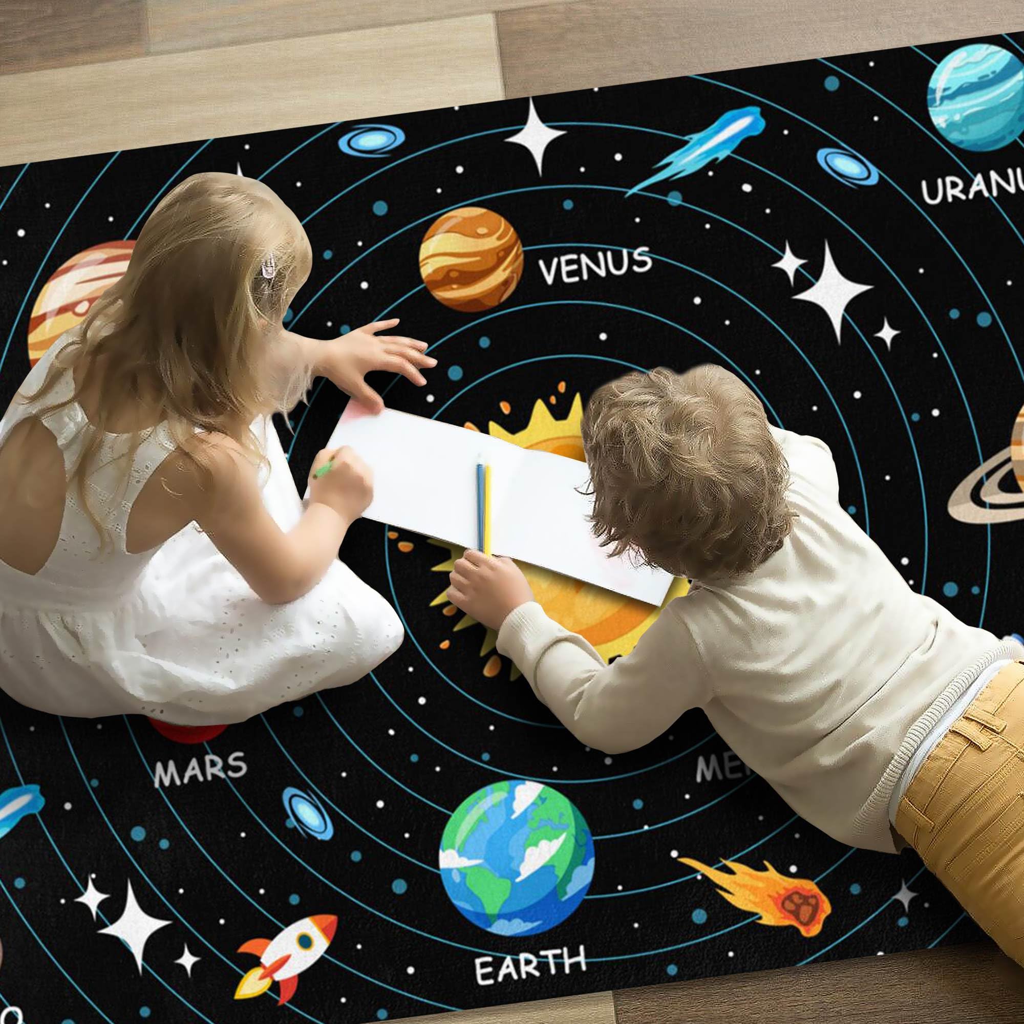 Kids Carpet Outer Space Rug, Solar System Mat 3x5 FT, Fun Game Boy Girl Kids Rug Carpet for Children Bedroom, Space Area Floor Mat for Living Room Nursery Room Toddler Classroom Decor