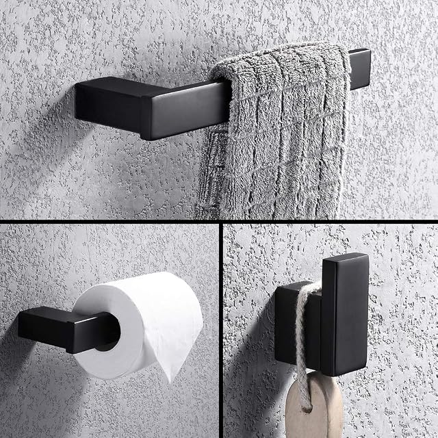 TURS 3 Pieces Matte Black Toilet Accessories,SUS 304 Stainless Steel Robe Hooks,Toilet Roll Holder and Towel Rail Set,Chrome Bathroom Accessories,Bathroom Accessory Set,Wall Mounted N1008BK