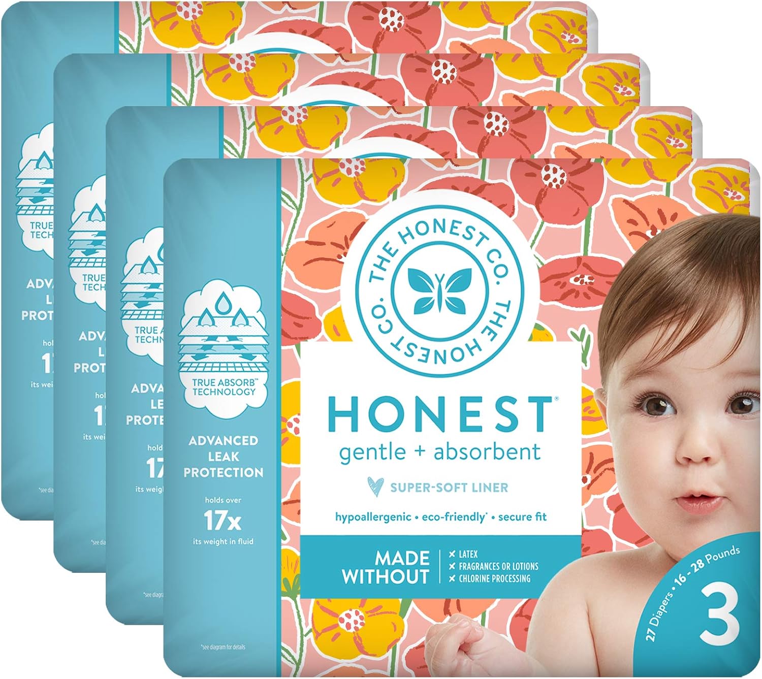 The Honest Company Baby Diapers With Trueabsorb Technology, Mamas & Poppies, Size 3, 108 Count